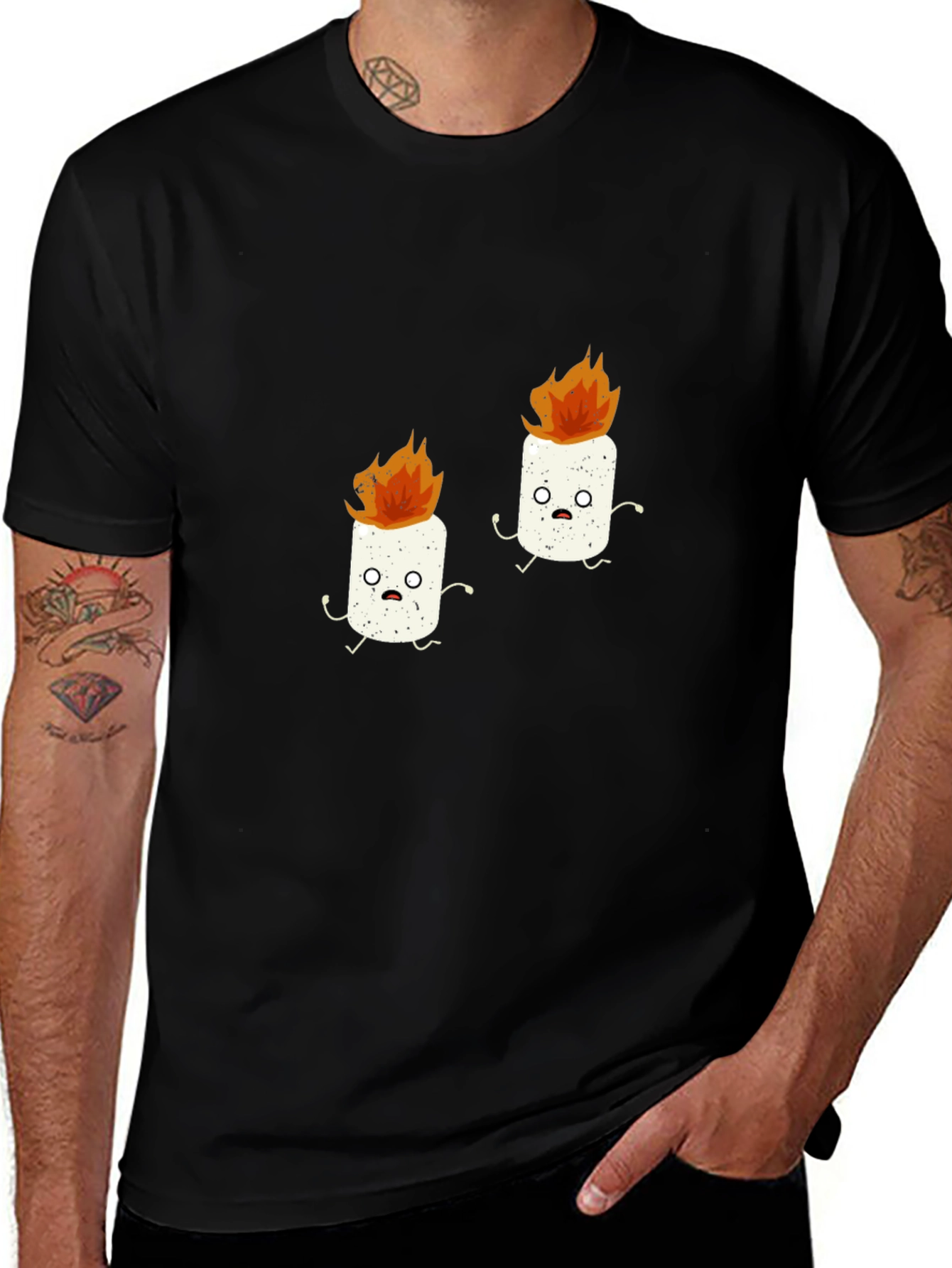 Funny Marshmallow Fire Graphic Black T-Shirt