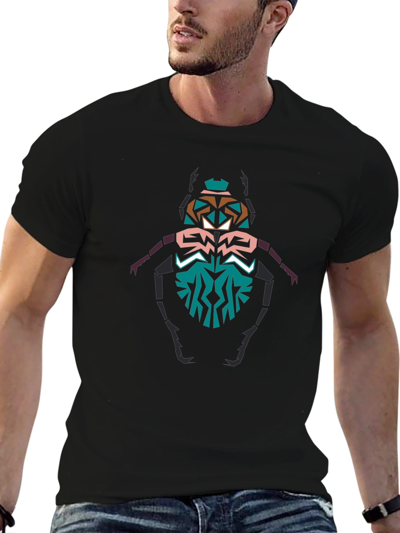 Geometric Beetle Graphic T-Shirt - Black