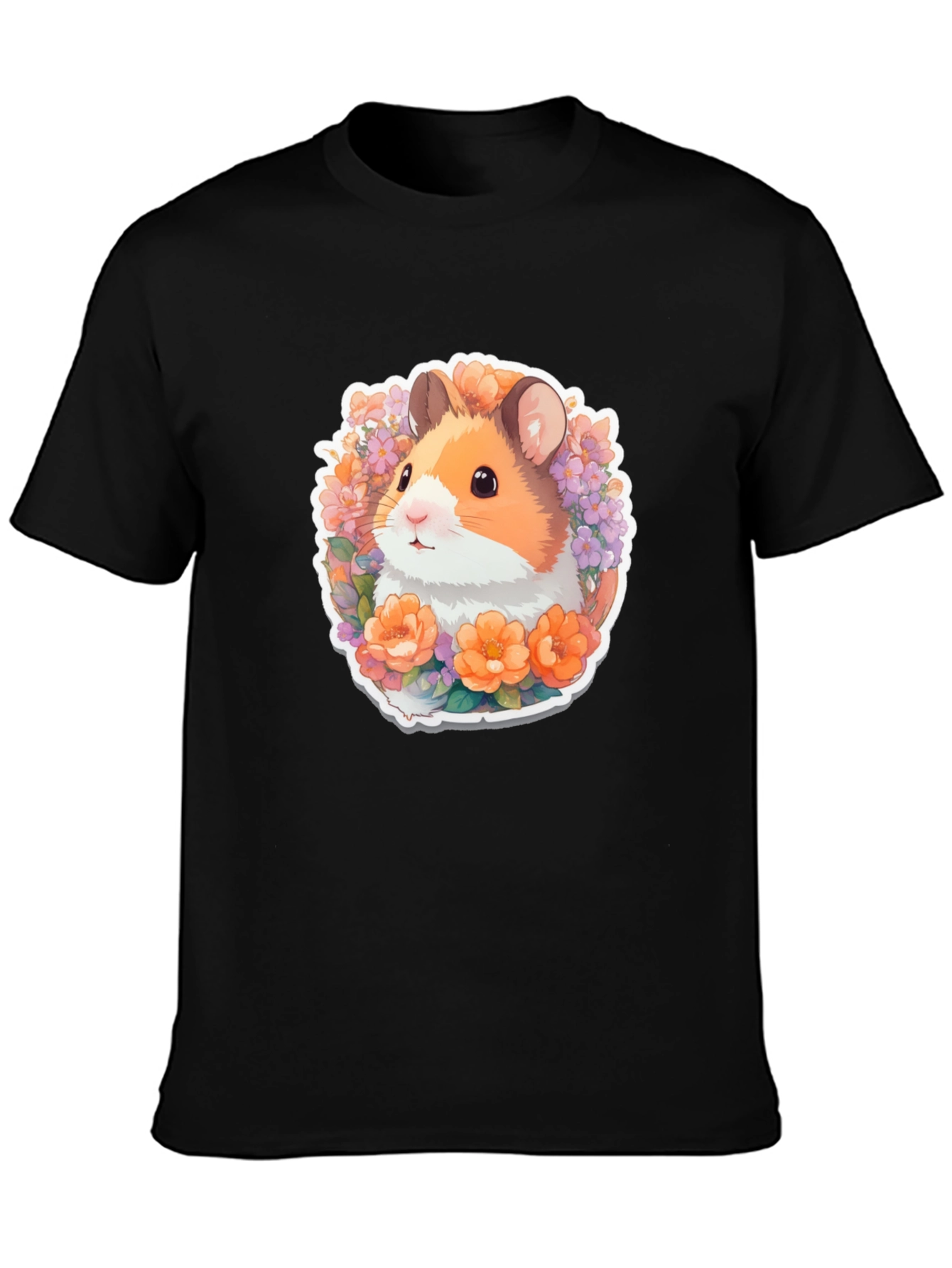 Cute Hamster Floral Graphic Tee - Black
