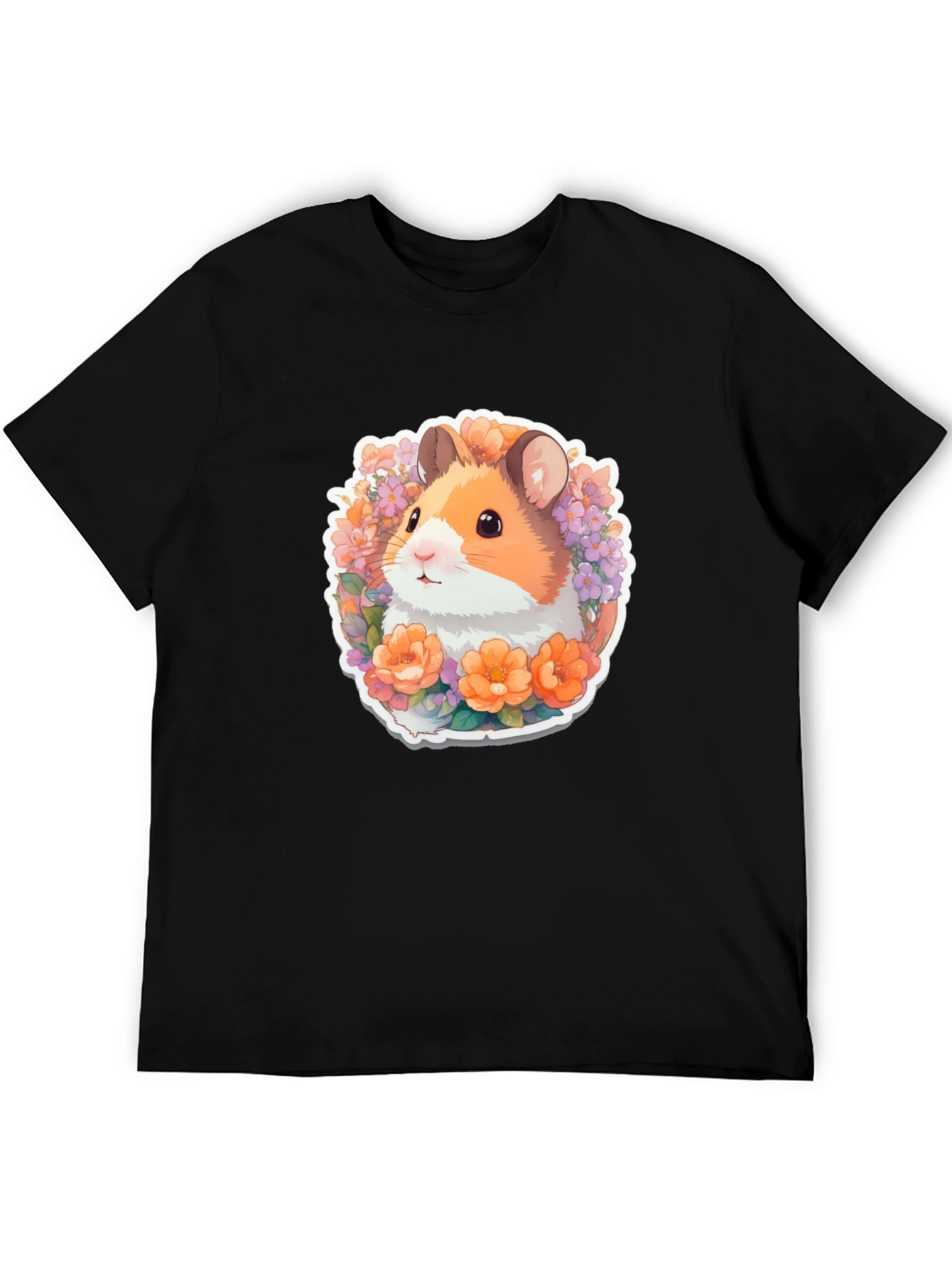 Cute Hamster Floral Graphic Tee - Black
