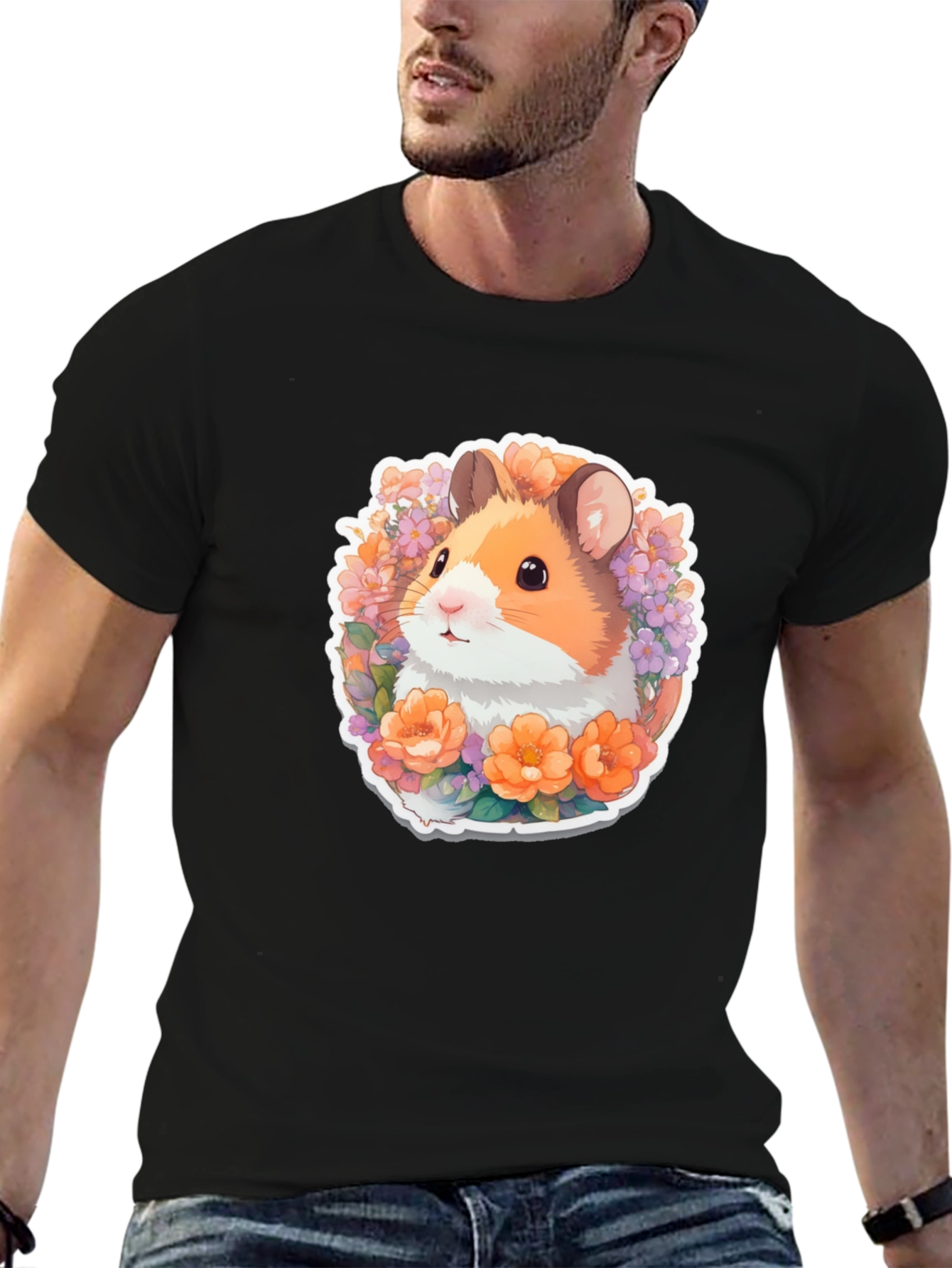 Cute Hamster Floral Graphic Tee - Black