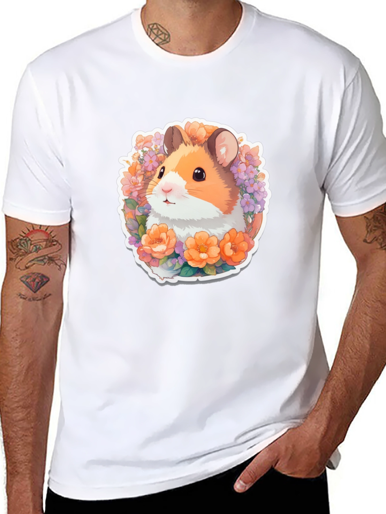 Cute Hamster Floral Graphic Tee - Black