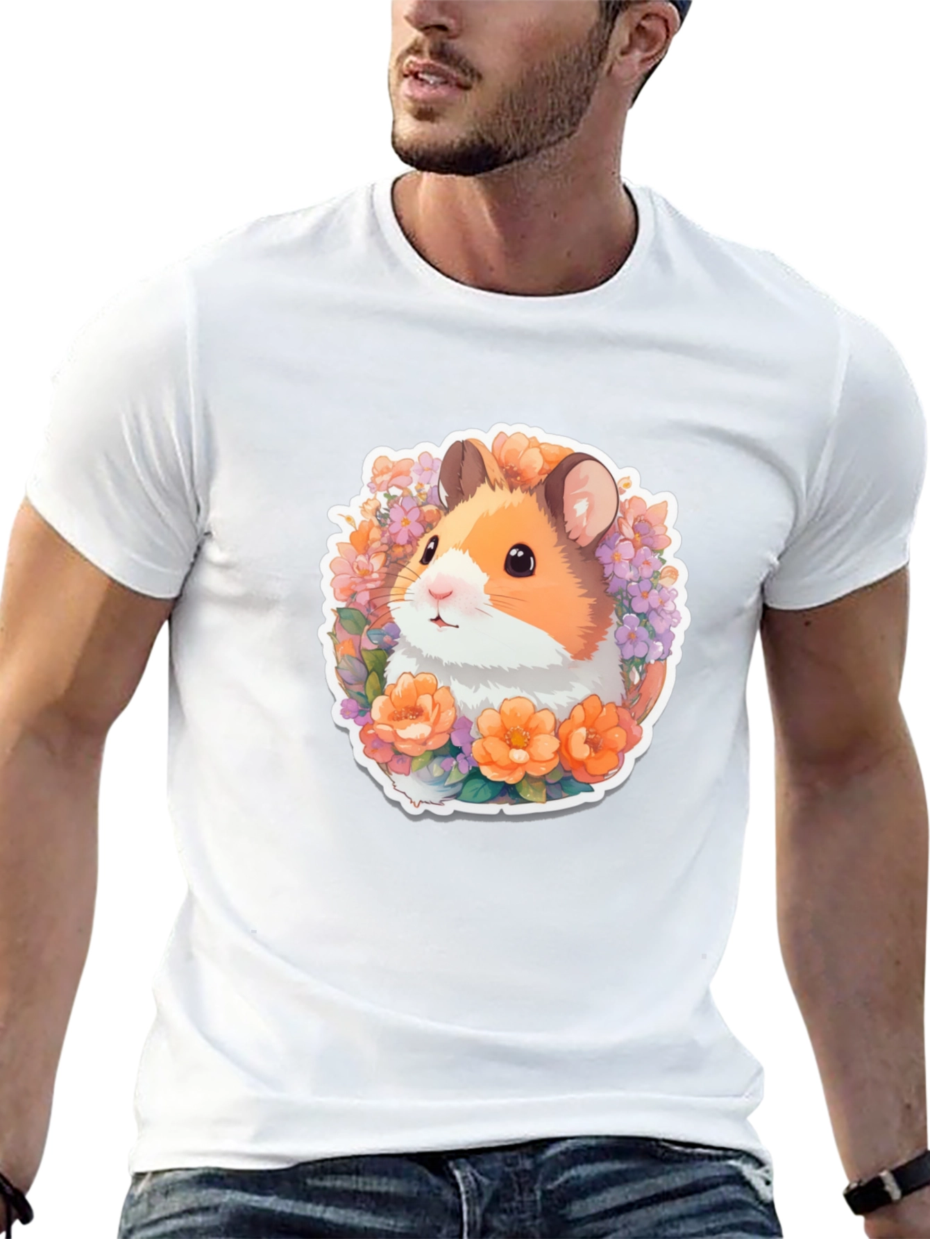 Cute Hamster Floral Graphic Tee - Black