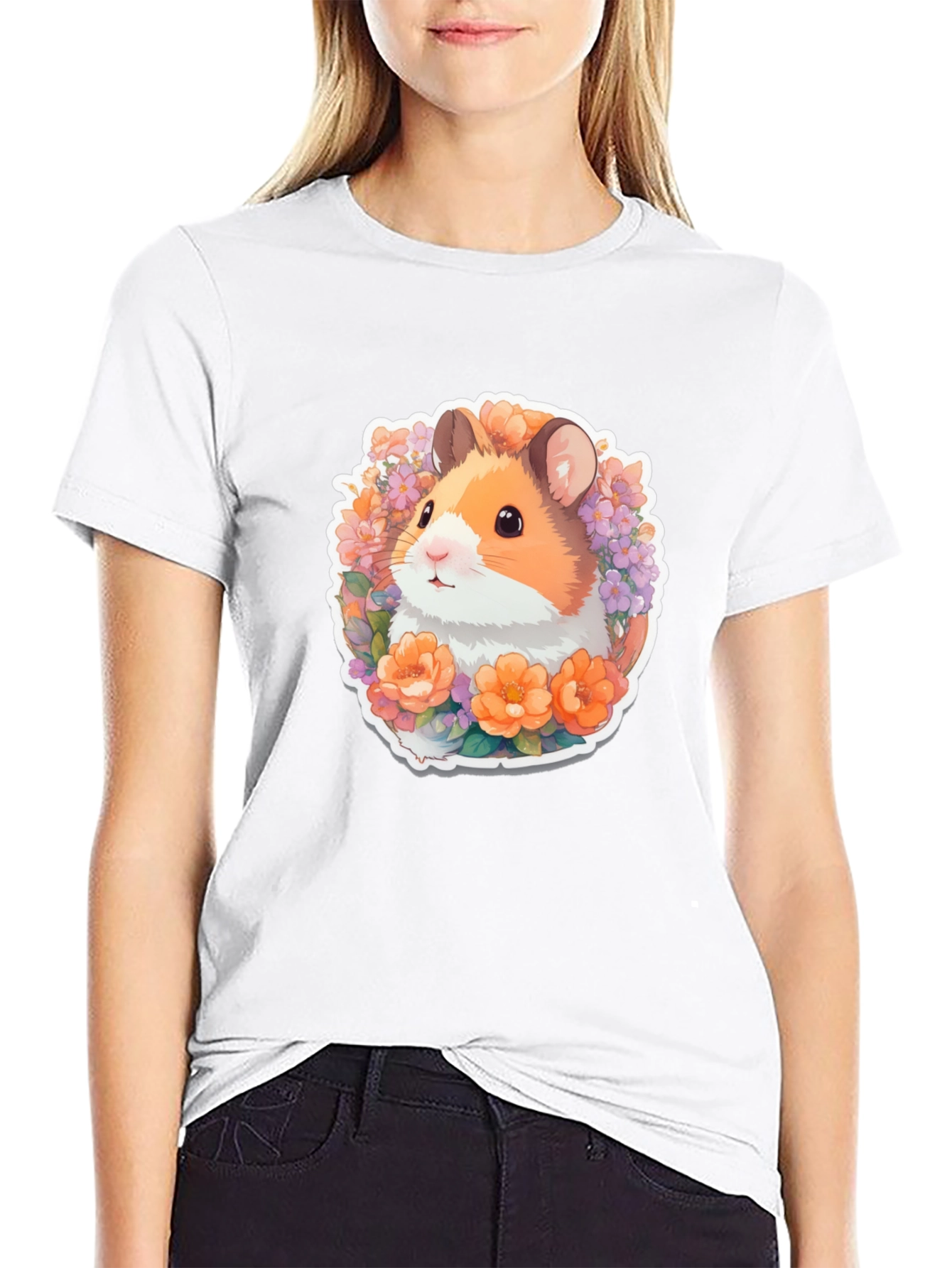 Cute Hamster Floral Graphic Tee - Black