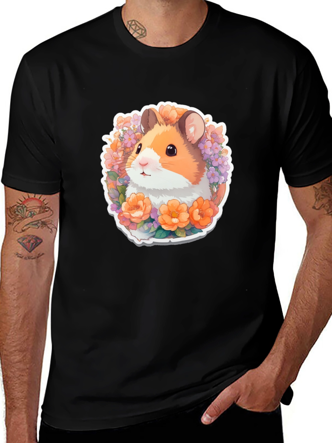 Cute Hamster Floral Graphic Tee - Black