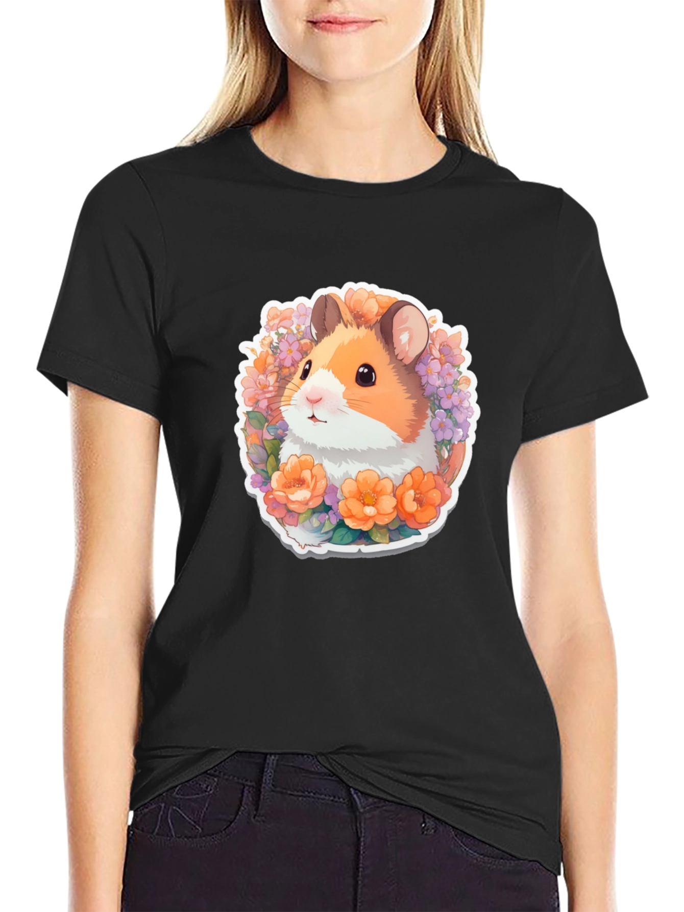 Cute Hamster Floral Graphic Tee - Black