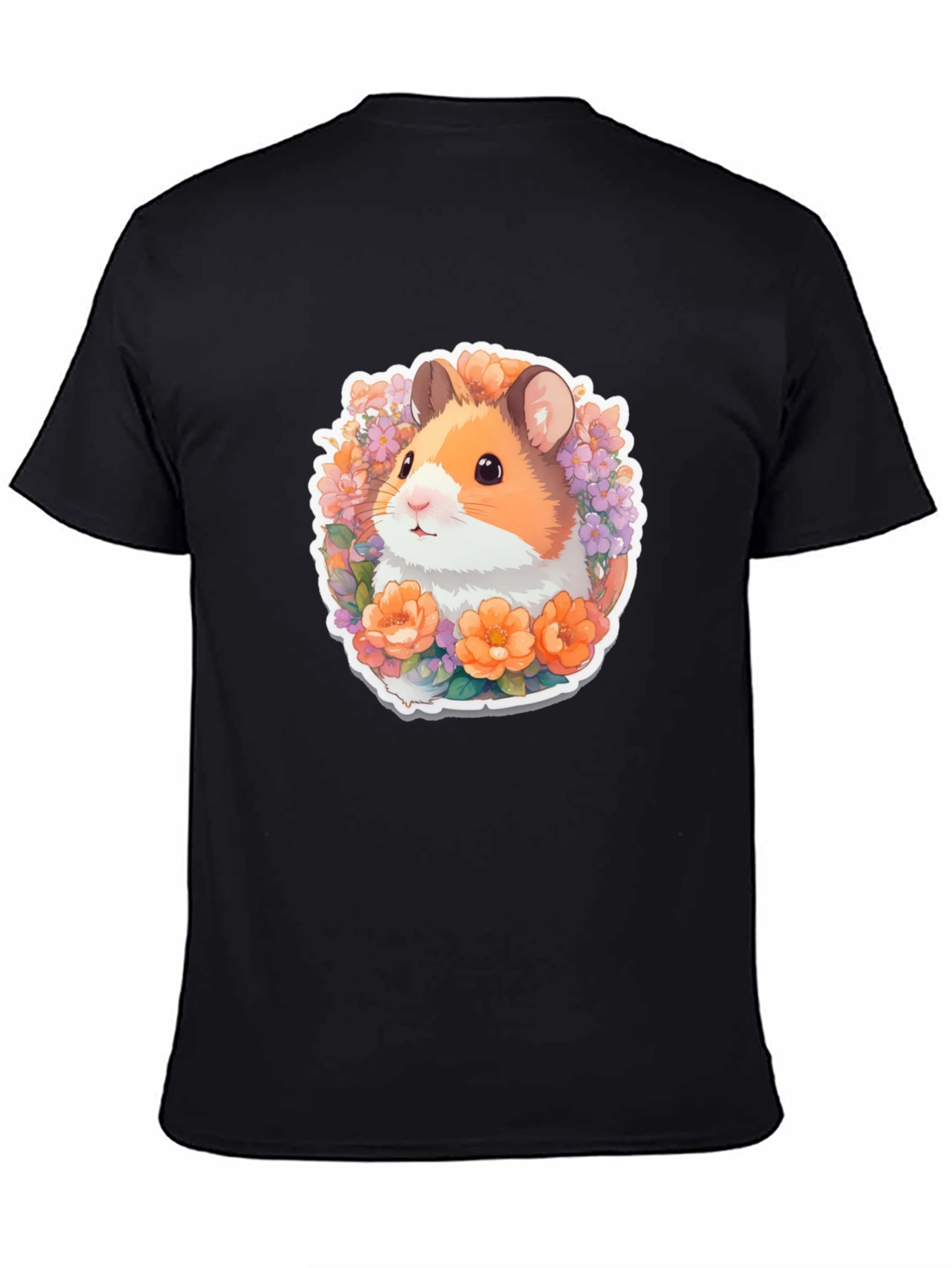 Cute Hamster Floral Graphic Tee - Black