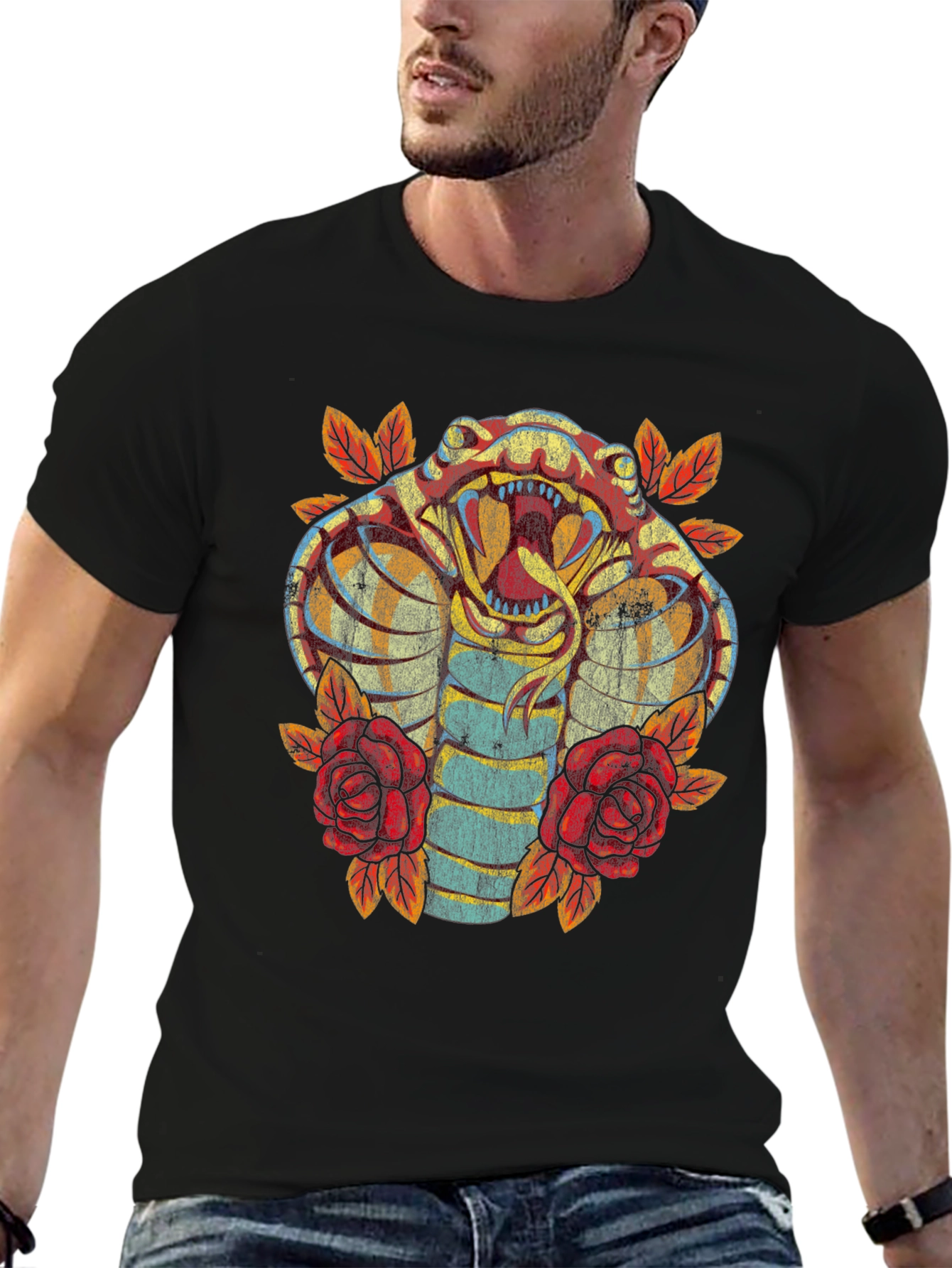 Cobra Snake & Roses Graphic Print Black T-Shirt