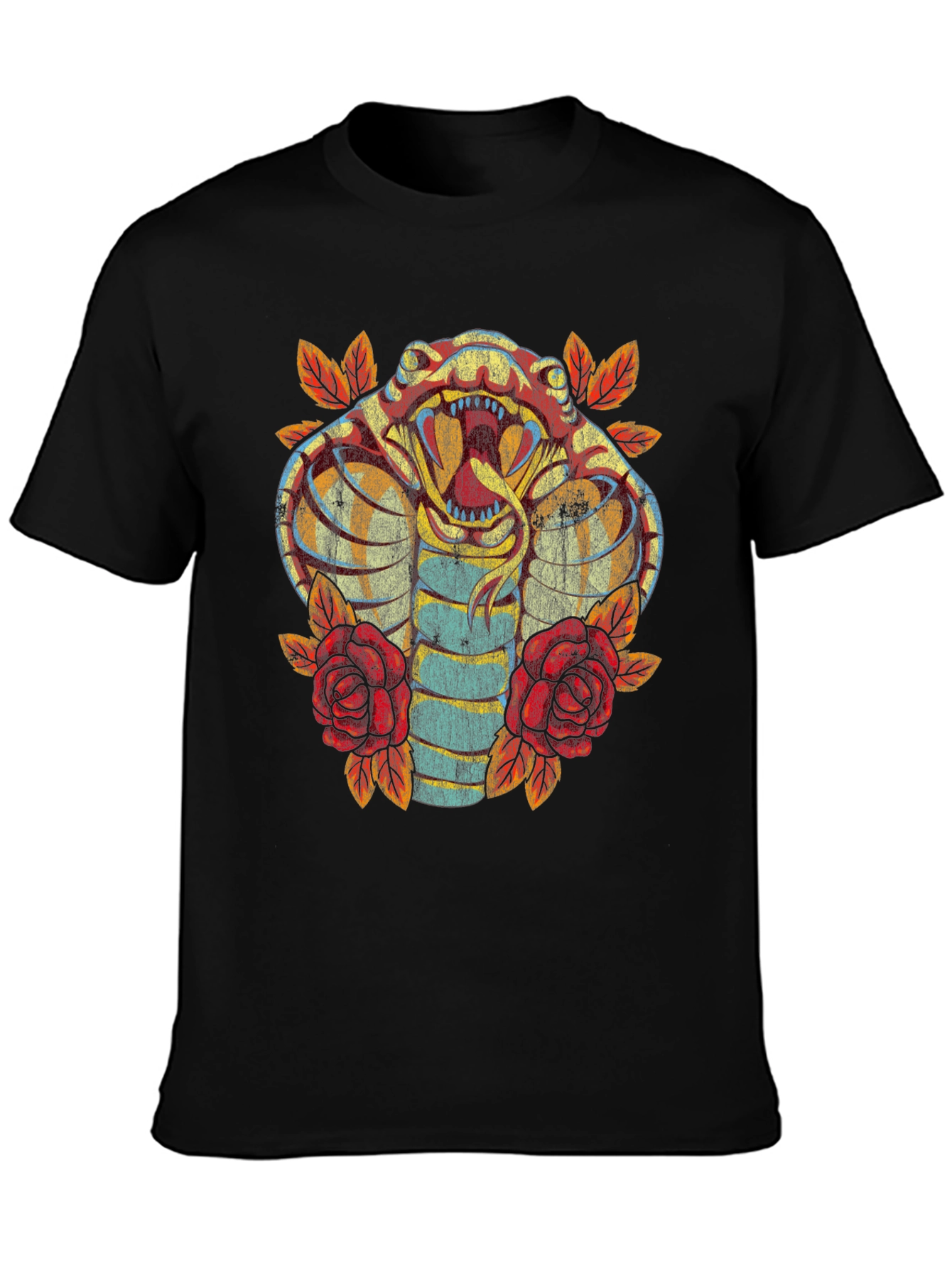 Cobra Snake & Roses Graphic Print Black T-Shirt