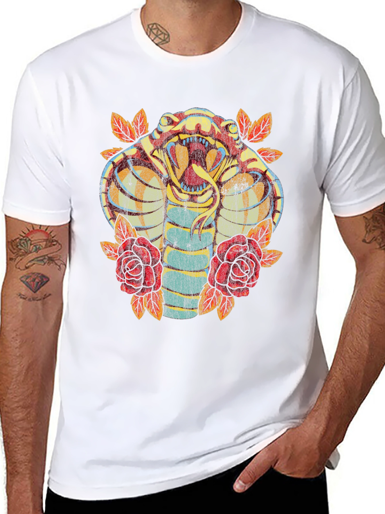 Cobra Snake & Roses Graphic Print Black T-Shirt