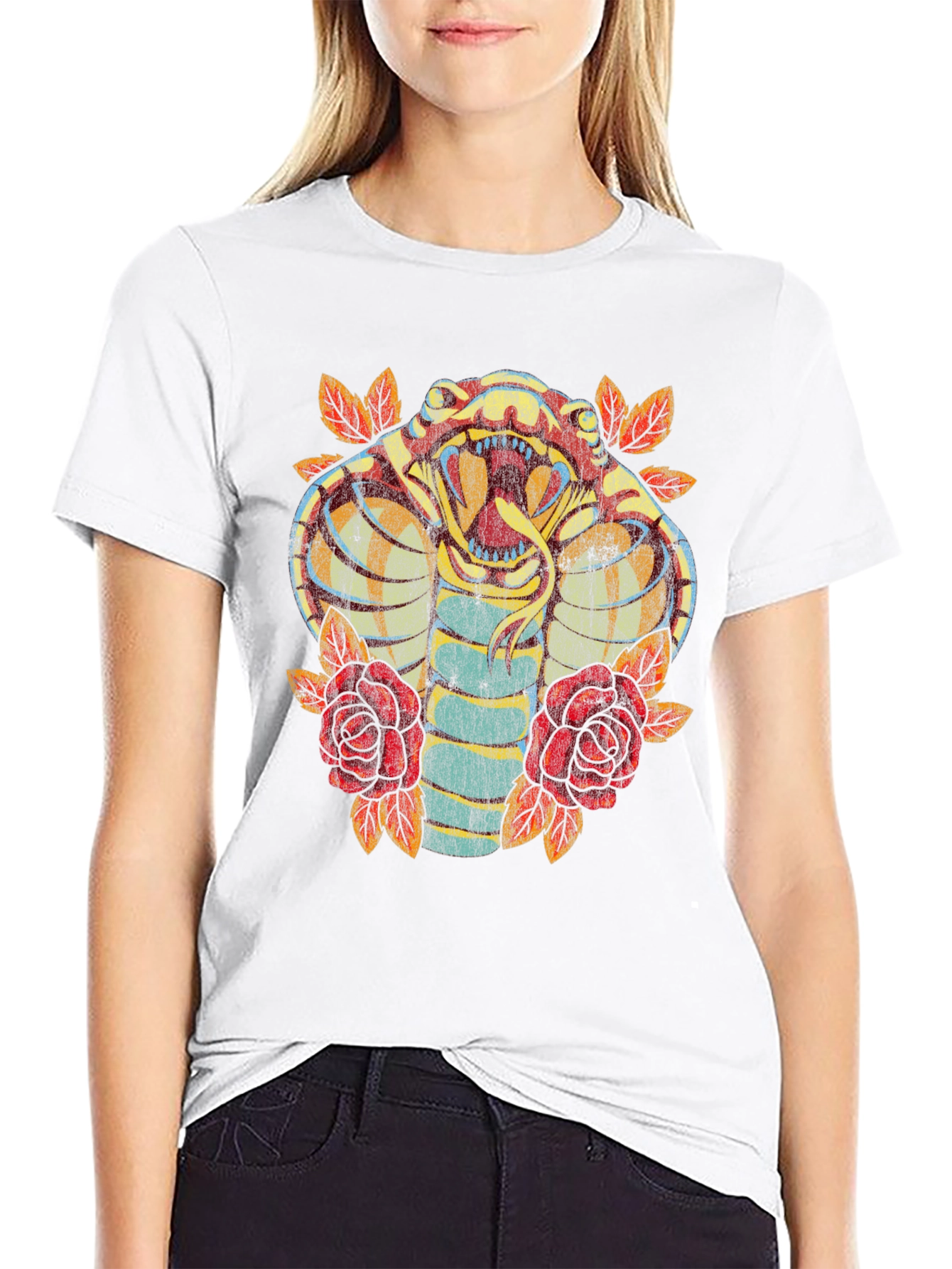 Cobra Snake & Roses Graphic Print Black T-Shirt