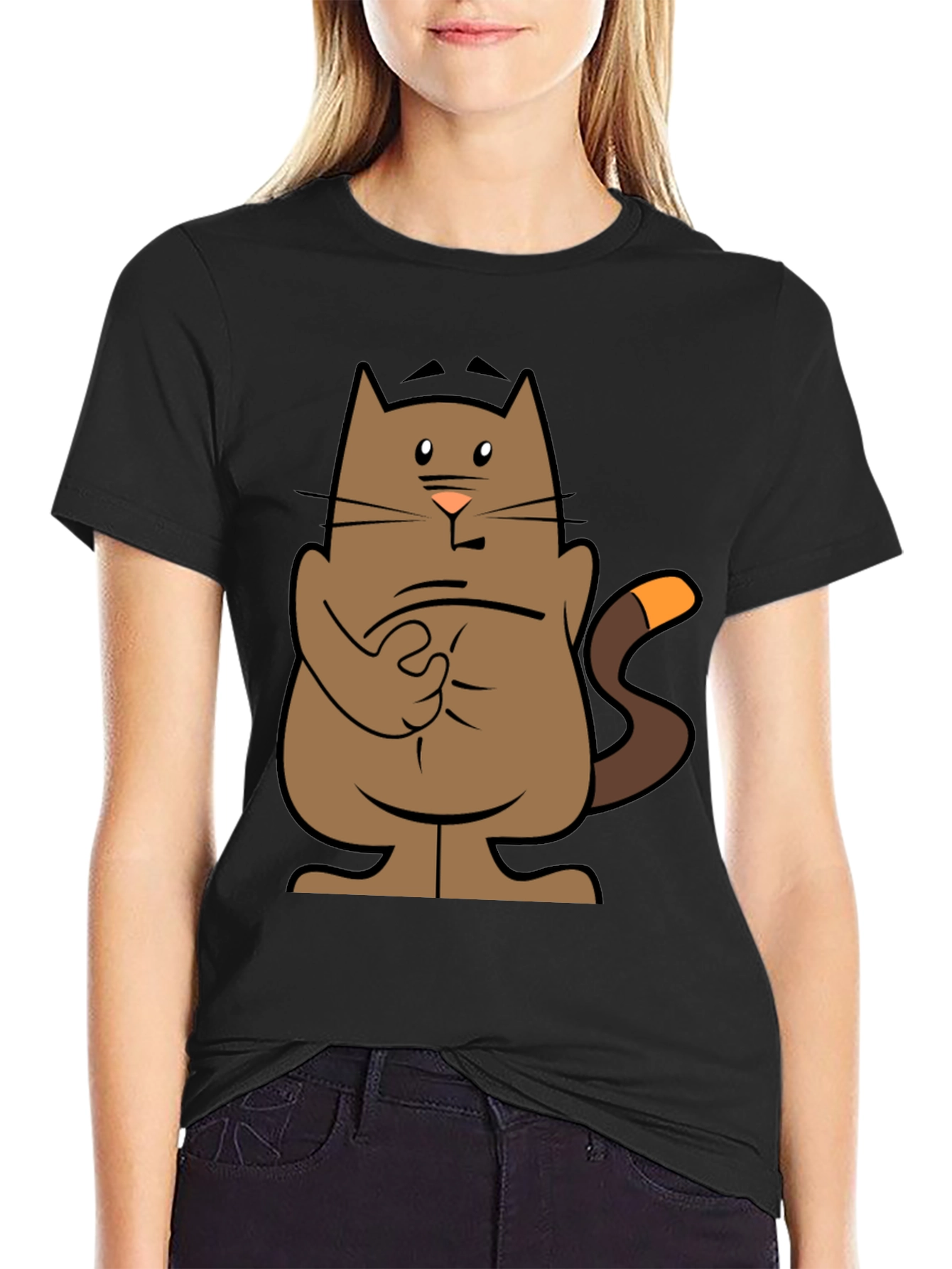 Cartoon Cat Graphic Tee - Black T-Shirt