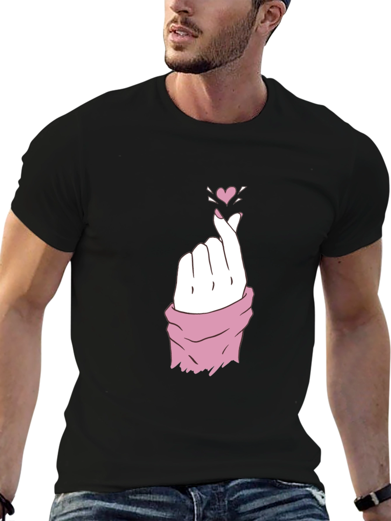 Finger Heart Graphic Tee - Black Casual T-Shirt