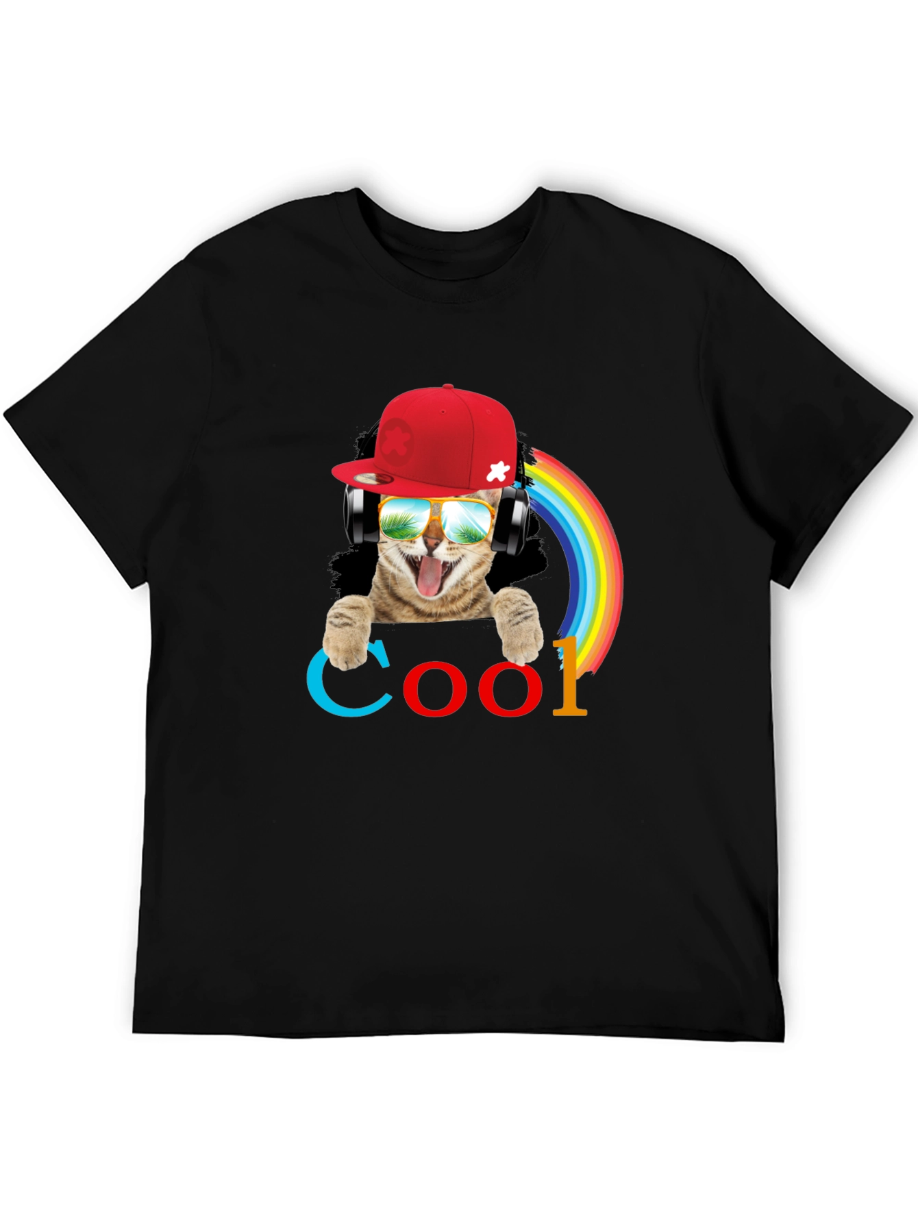 Cool Cat T-Shirt with Headphones & Rainbow