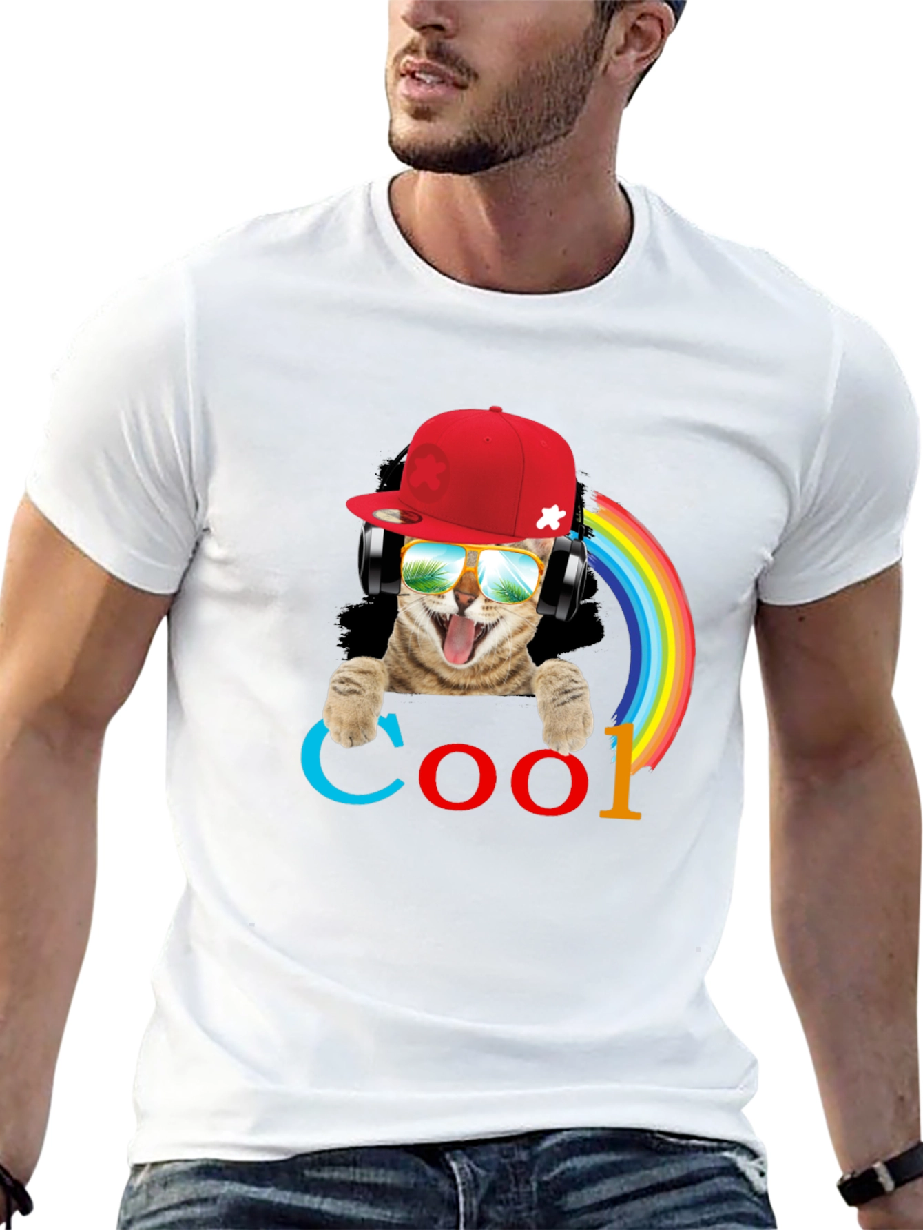 Cool Cat T-Shirt with Headphones & Rainbow