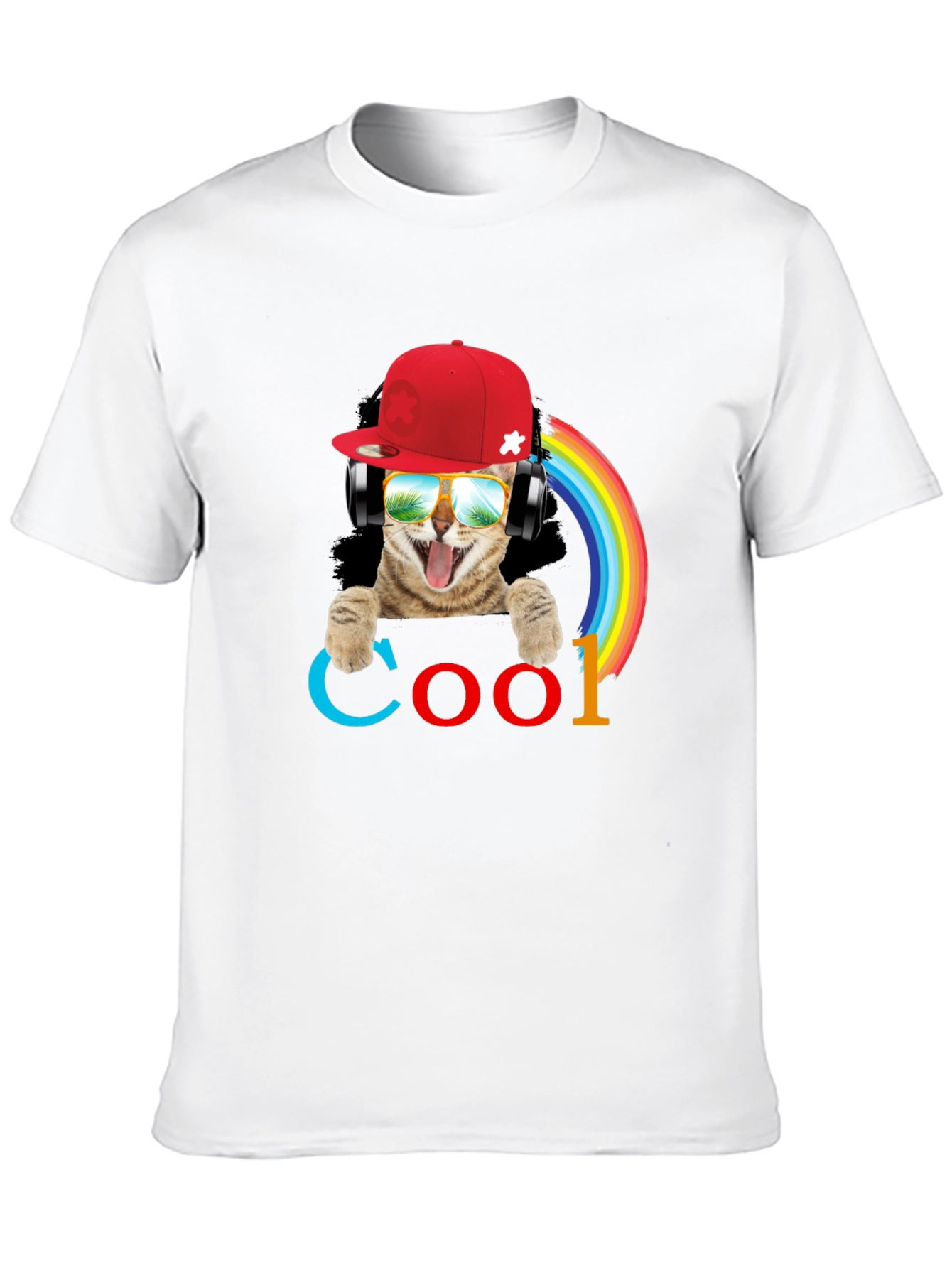 Cool Cat T-Shirt with Headphones & Rainbow