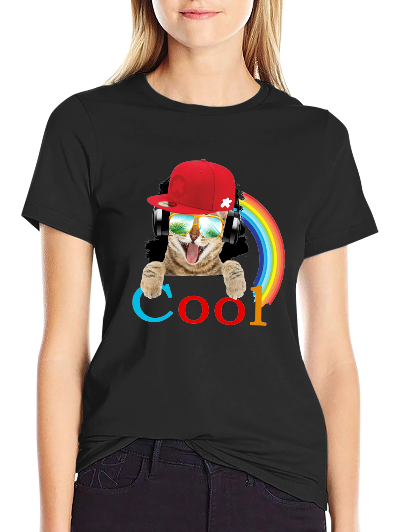 Cool Cat T-Shirt with Headphones & Rainbow