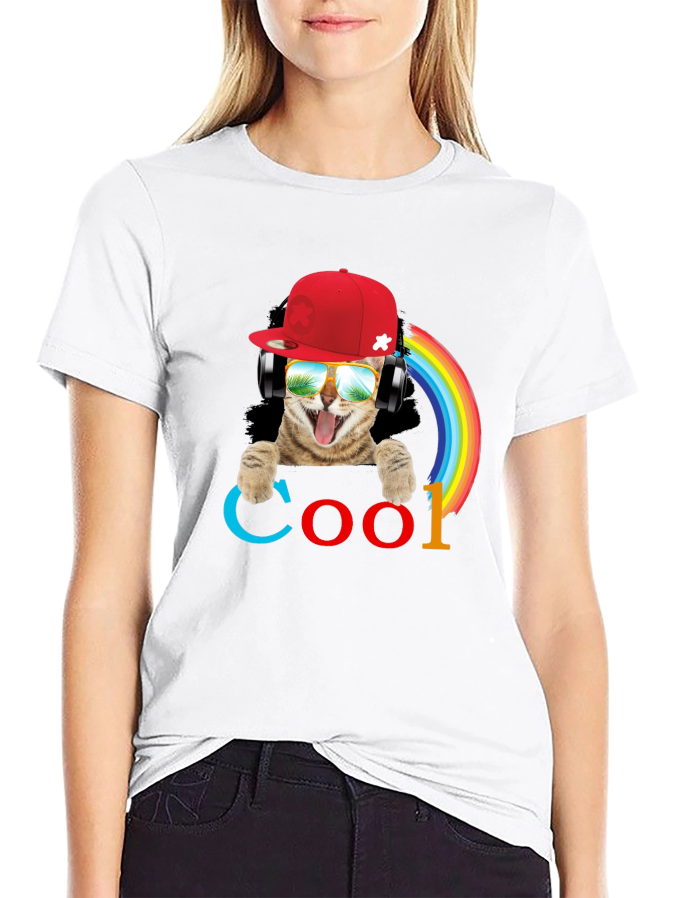 Cool Cat T-Shirt with Headphones & Rainbow