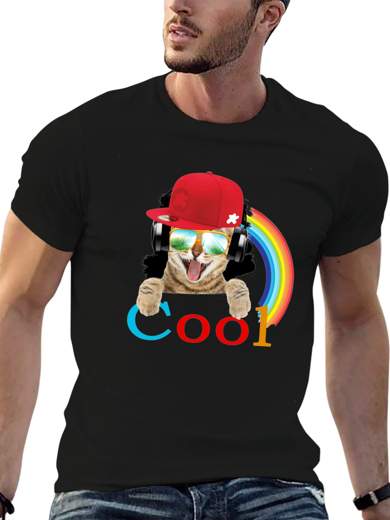Cool Cat T-Shirt with Headphones & Rainbow