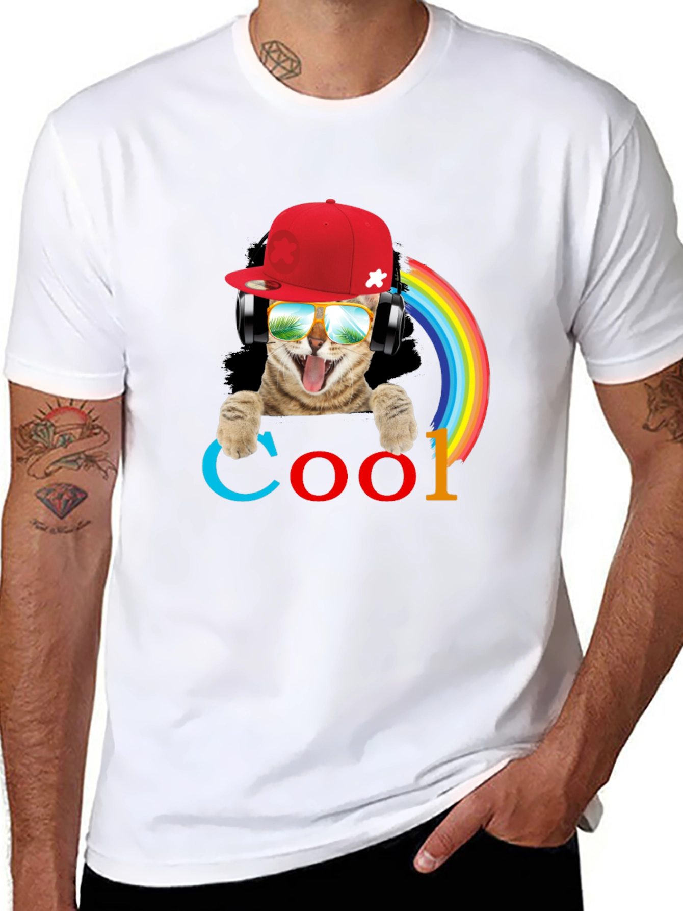 Cool Cat T-Shirt with Headphones & Rainbow