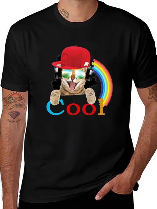 Cool Cat T-Shirt with Headphones & Rainbow