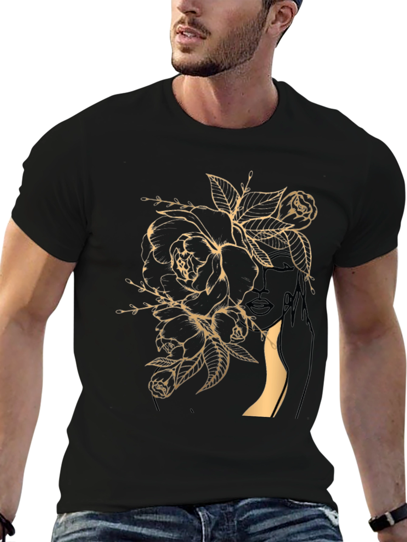 Floral Woman Graphic Tee - Stylish Black T-Shirt
