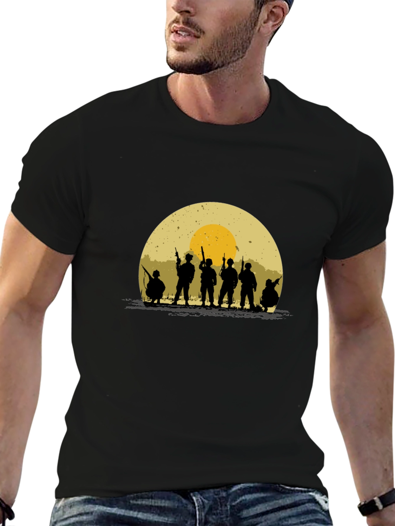 Silhouette Soldier T-Shirt - Retro Sunset Design