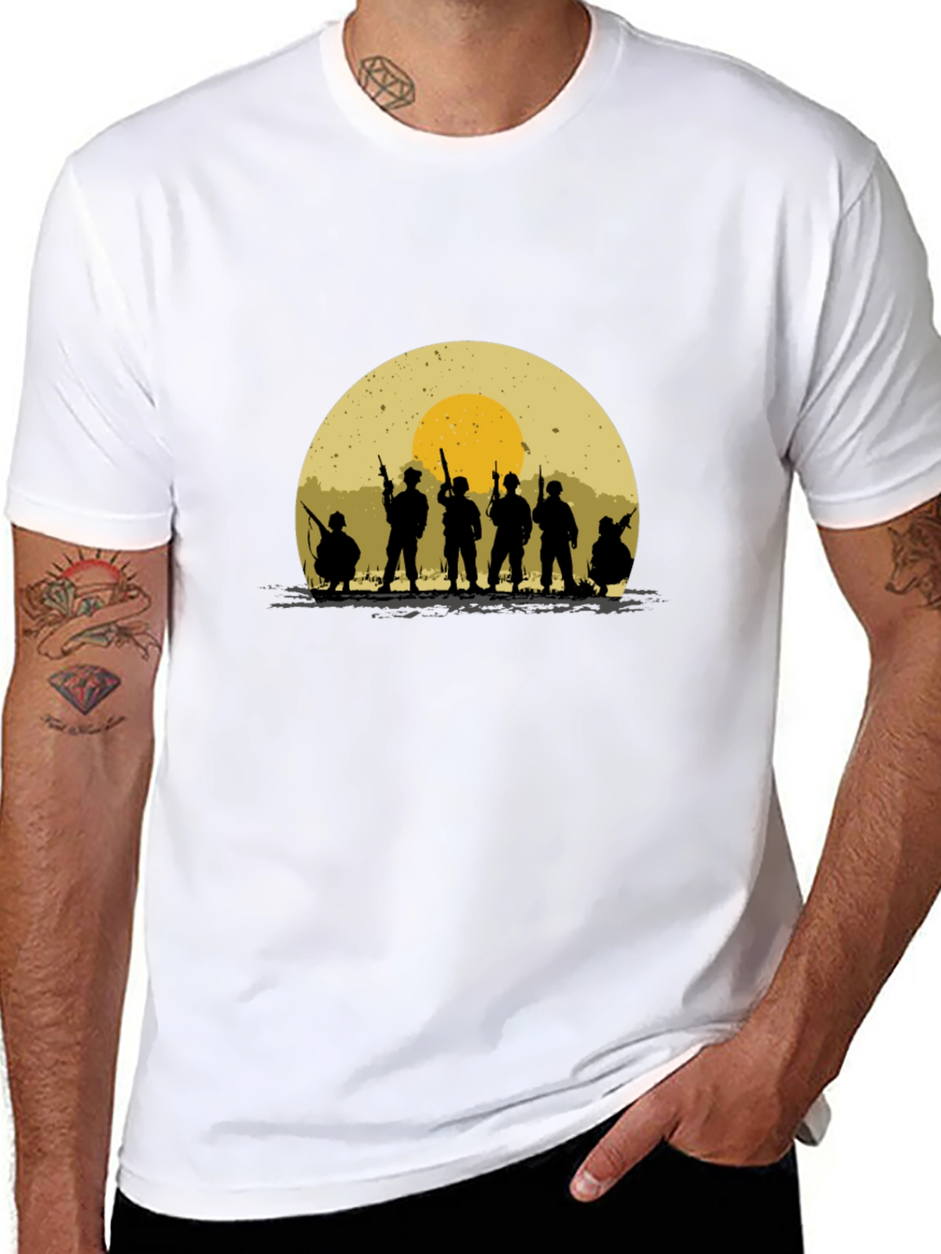 Silhouette Soldier T-Shirt - Retro Sunset Design