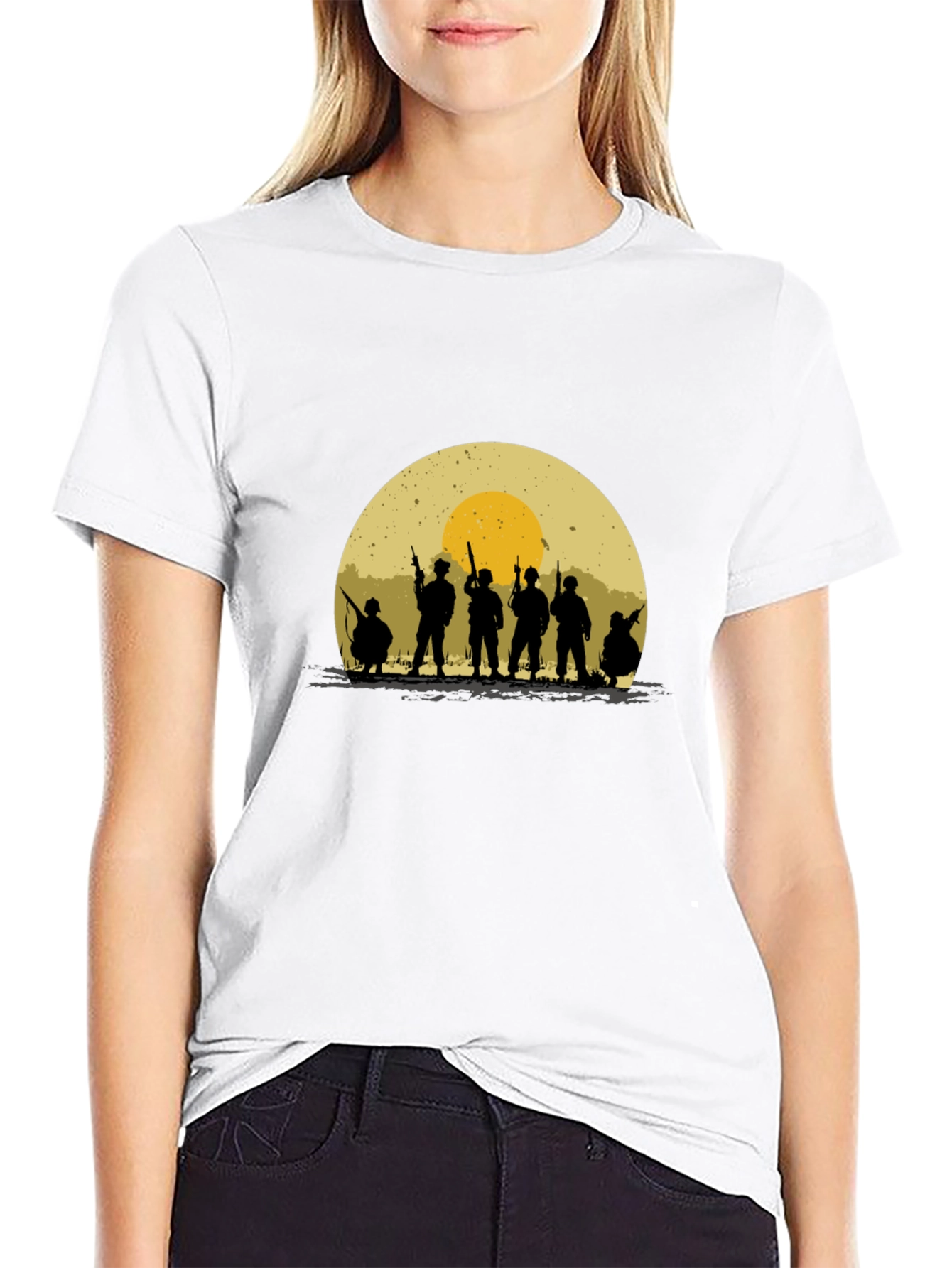 Silhouette Soldier T-Shirt - Retro Sunset Design