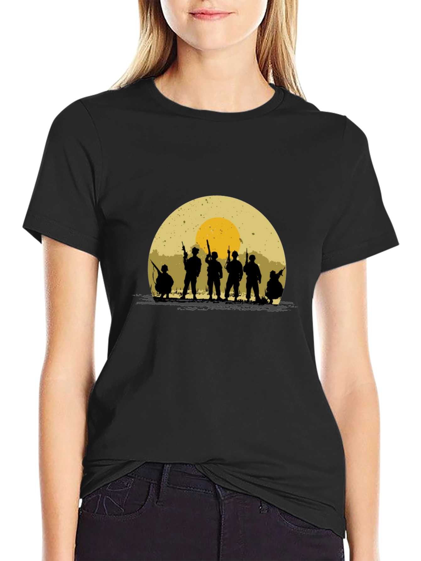 Silhouette Soldier T-Shirt - Retro Sunset Design