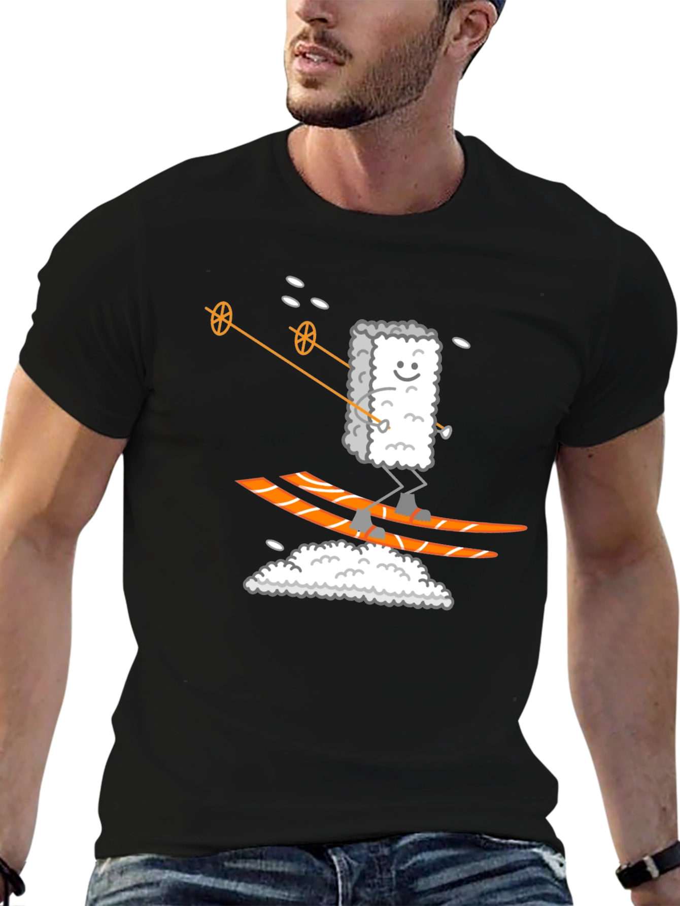 Sushi Skier Graphic Tee - Black Cotton T-Shirt