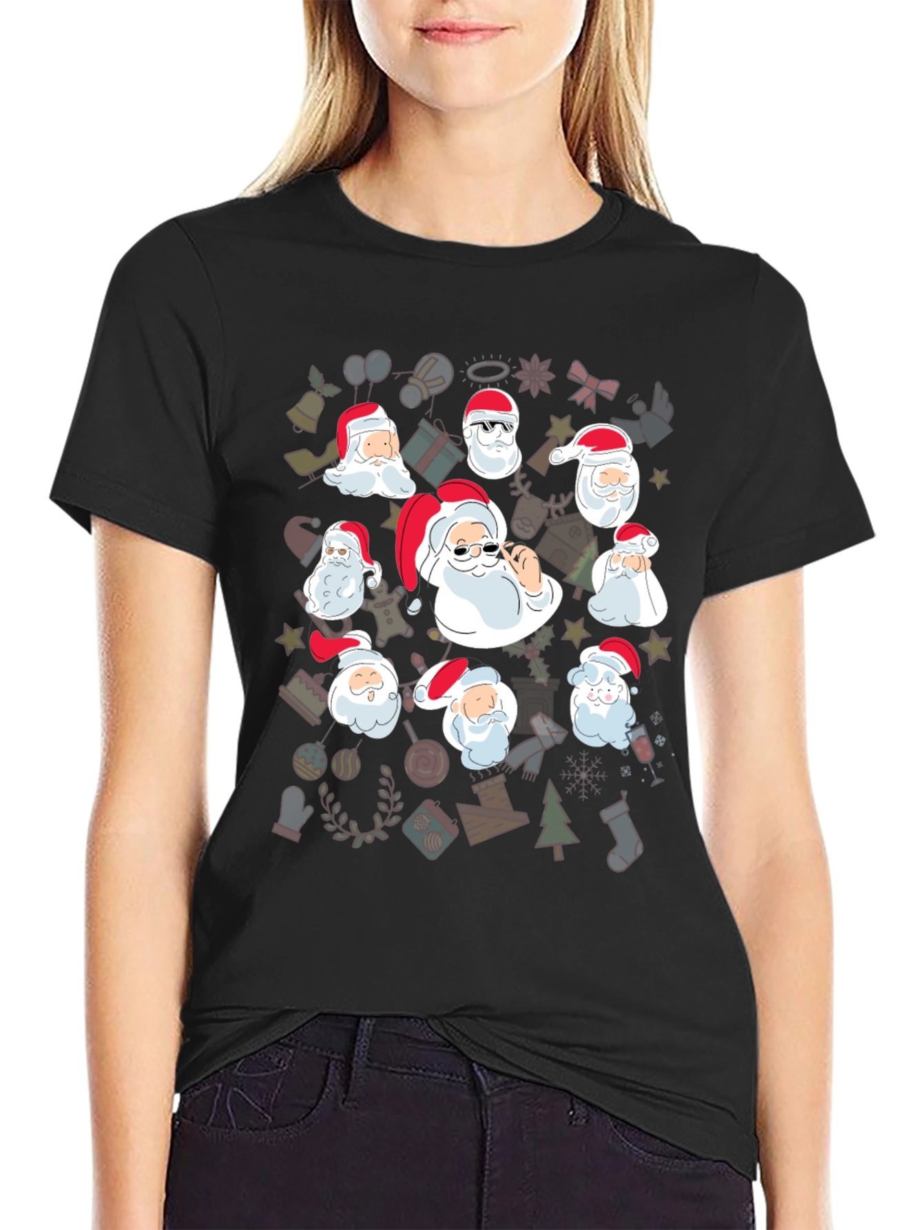 Festive Santa Heads Graphic Tee - Holiday Cheer