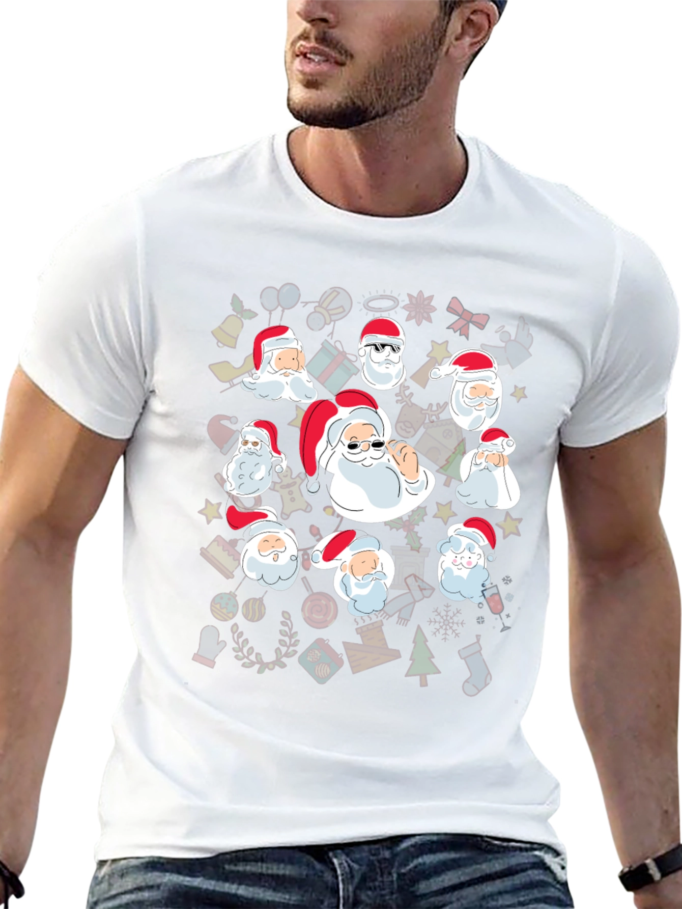 Festive Santa Heads Graphic Tee - Holiday Cheer