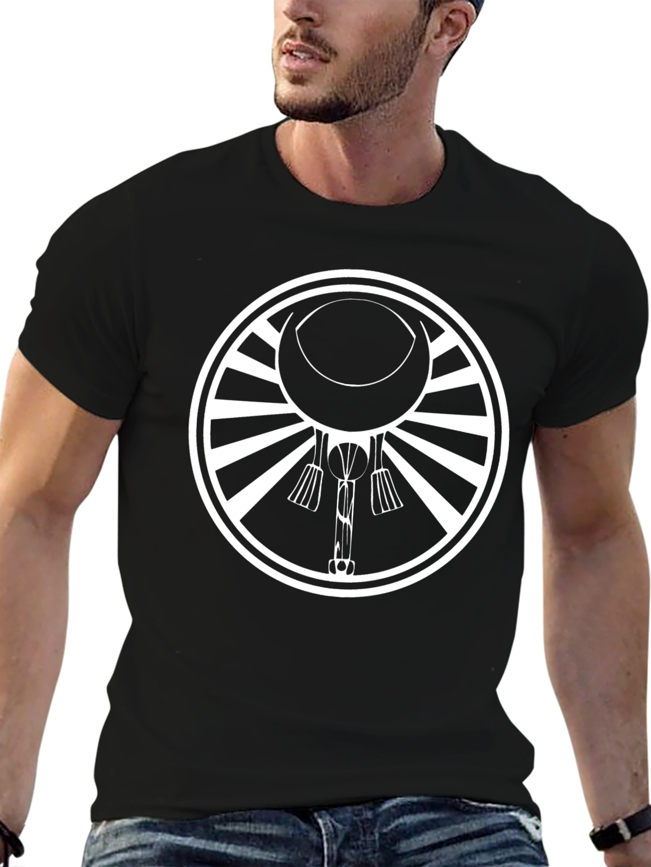 Black Graphic Tee with Crescent Moon Design