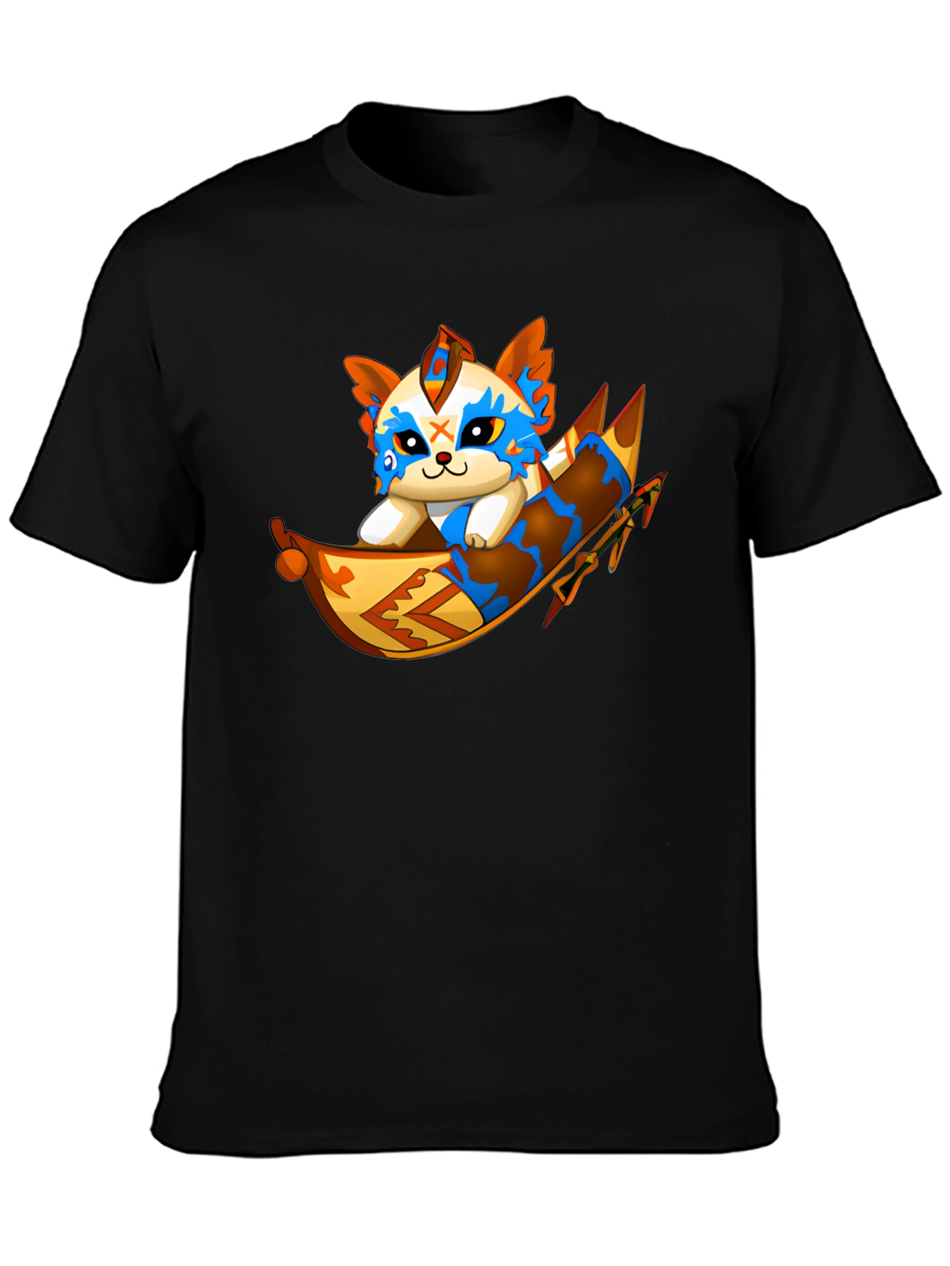 Cartoon Cat Rafting Black T-Shirt