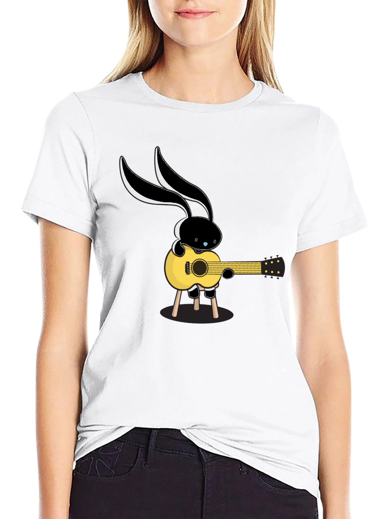 Cool Cartoon Bunny Guitarist Black T-Shirt