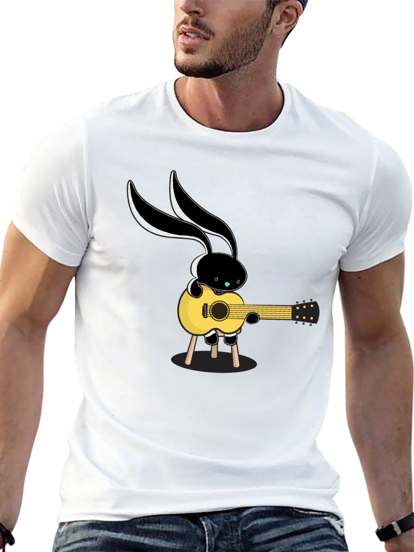Cool Cartoon Bunny Guitarist Black T-Shirt