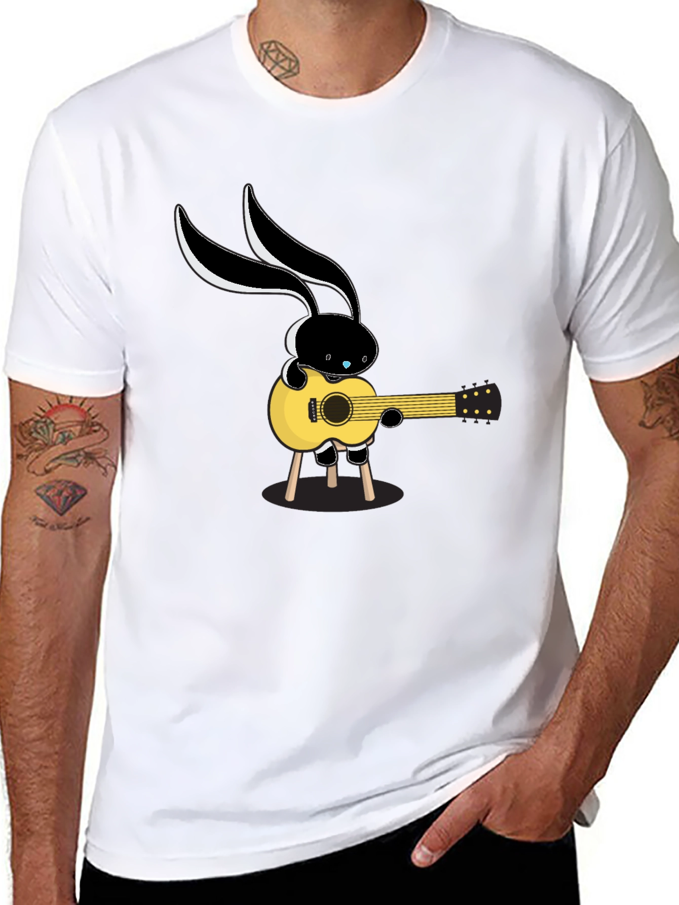 Cool Cartoon Bunny Guitarist Black T-Shirt