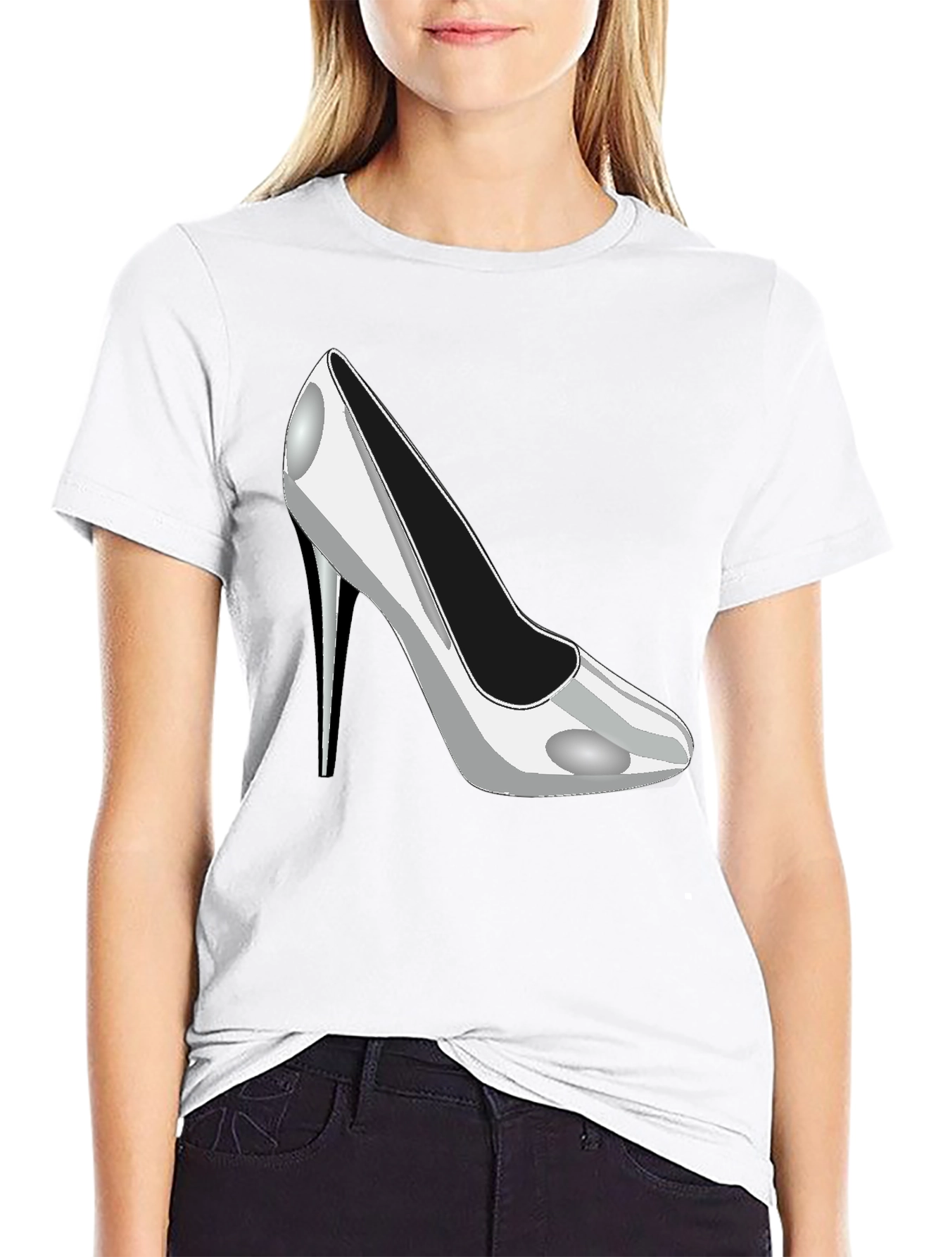 Mens Black T-Shirt with Silver High Heel Shoe Print