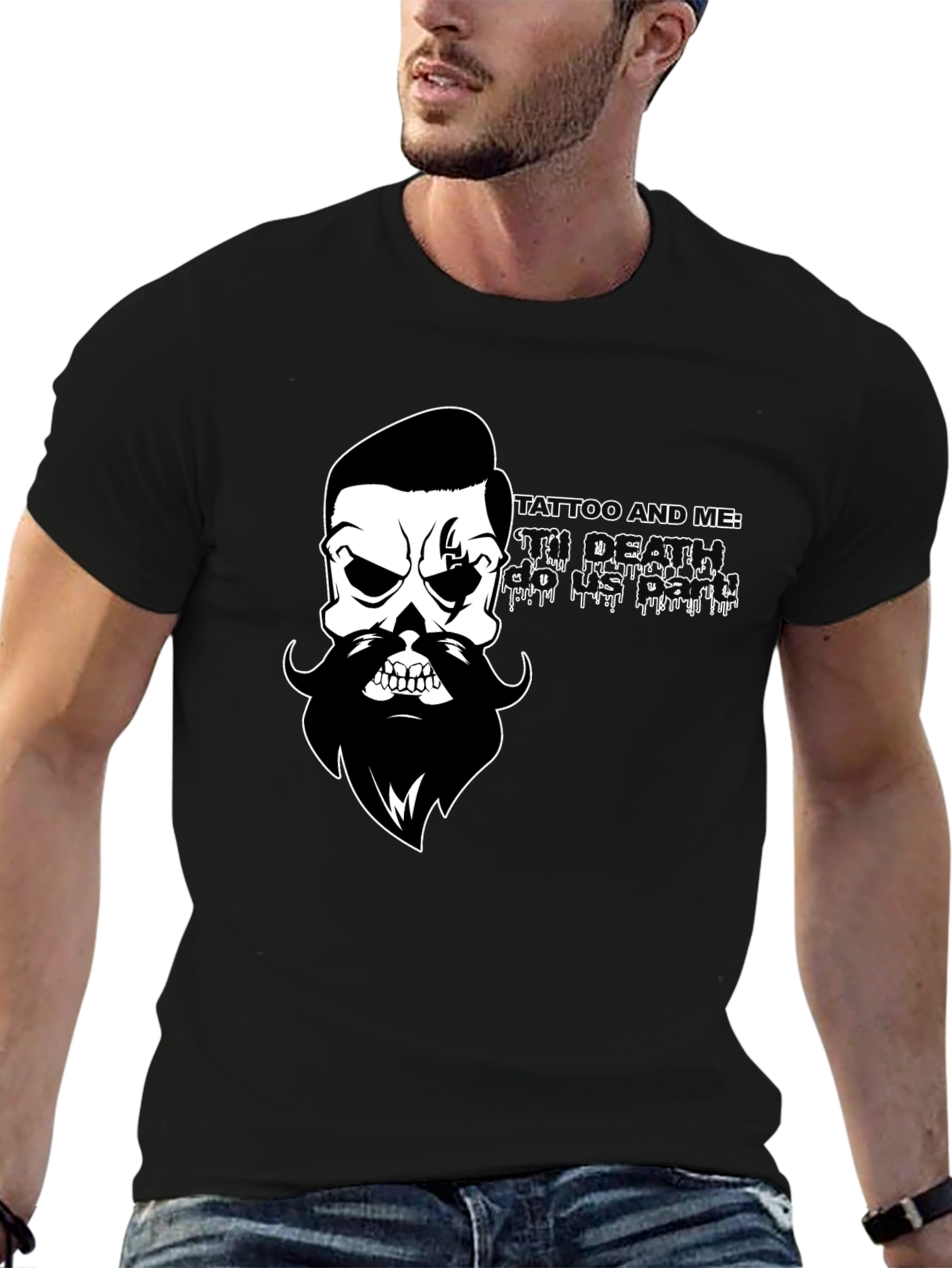 Mens Black T-Shirt with Skull & Beard Graphic