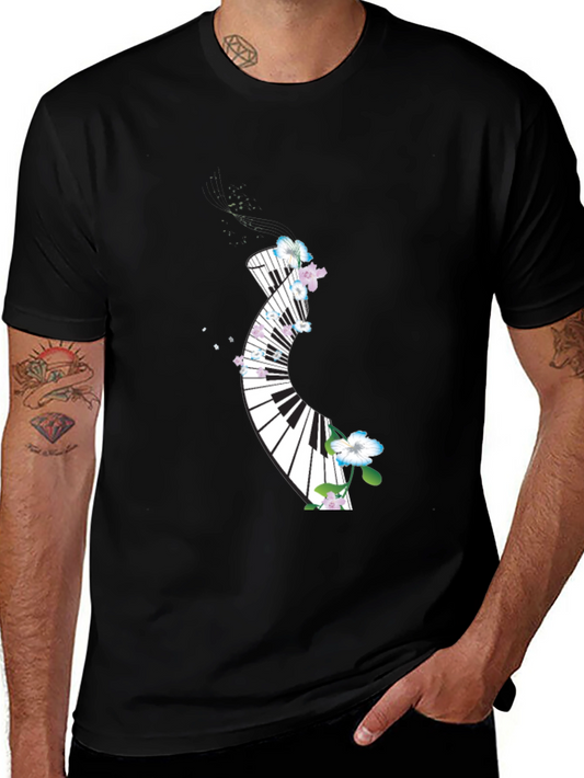 Floral Piano Keys Graphic Black T-Shirt