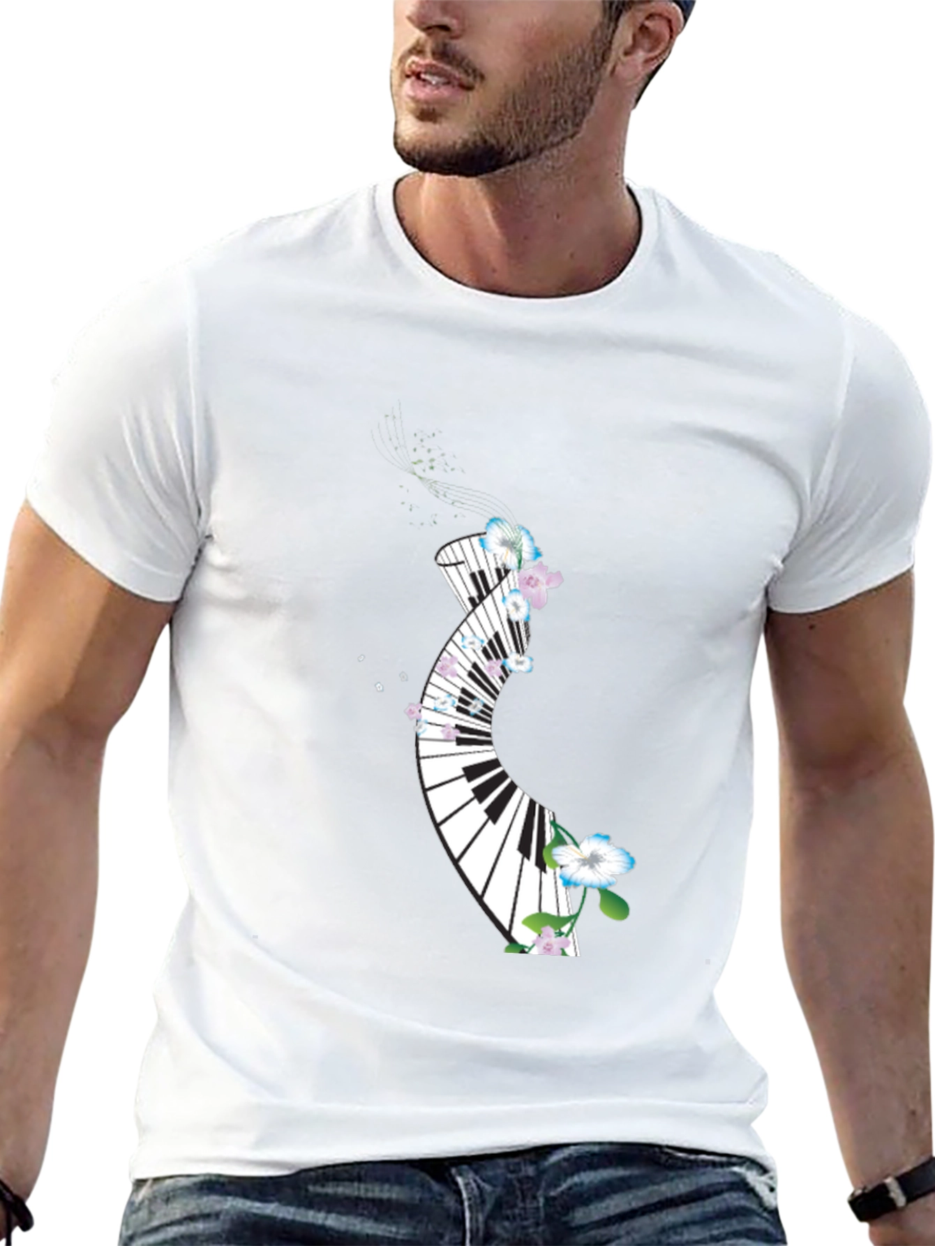 Floral Piano Keys Graphic Black T-Shirt