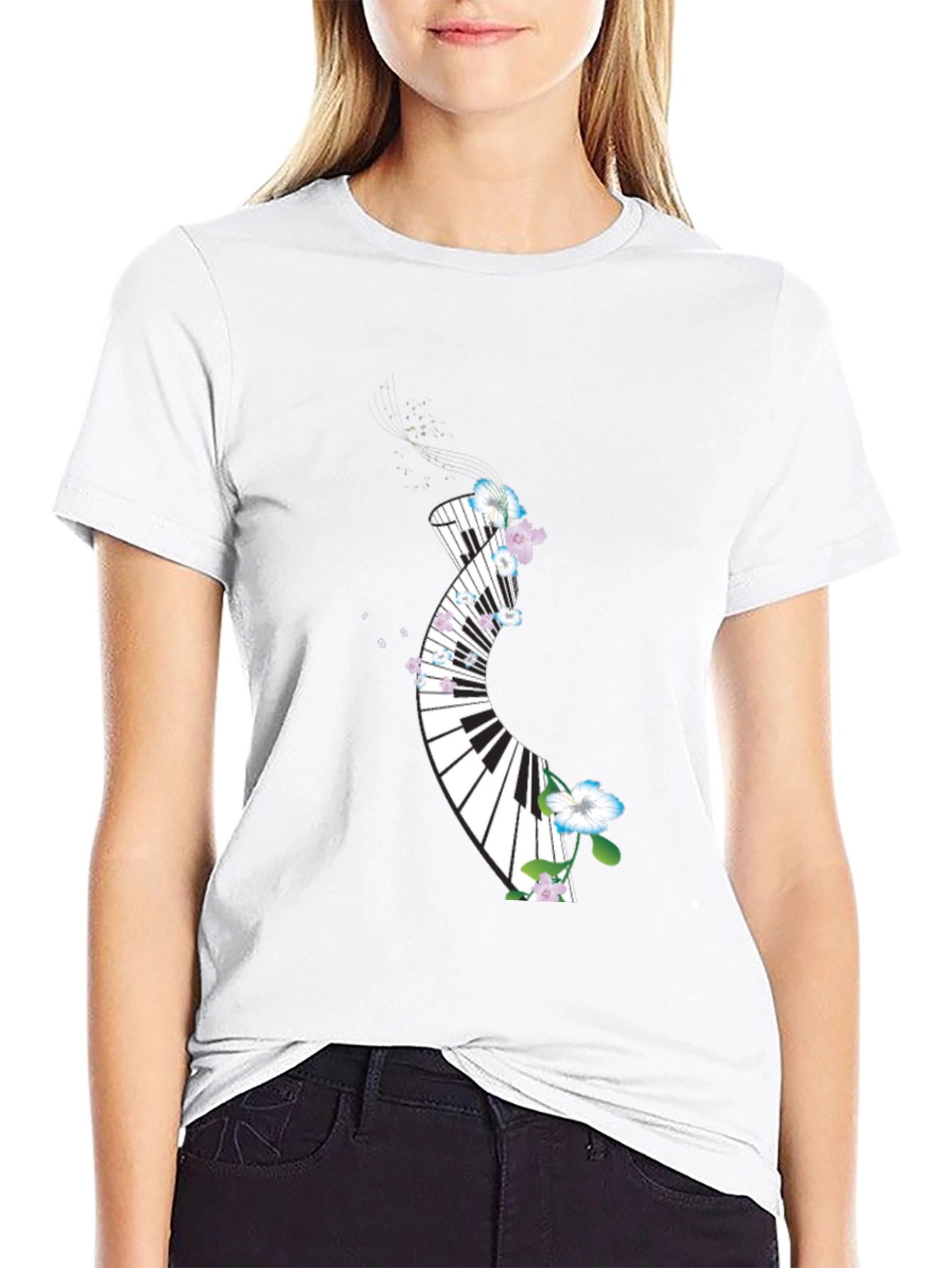Floral Piano Keys Graphic Black T-Shirt