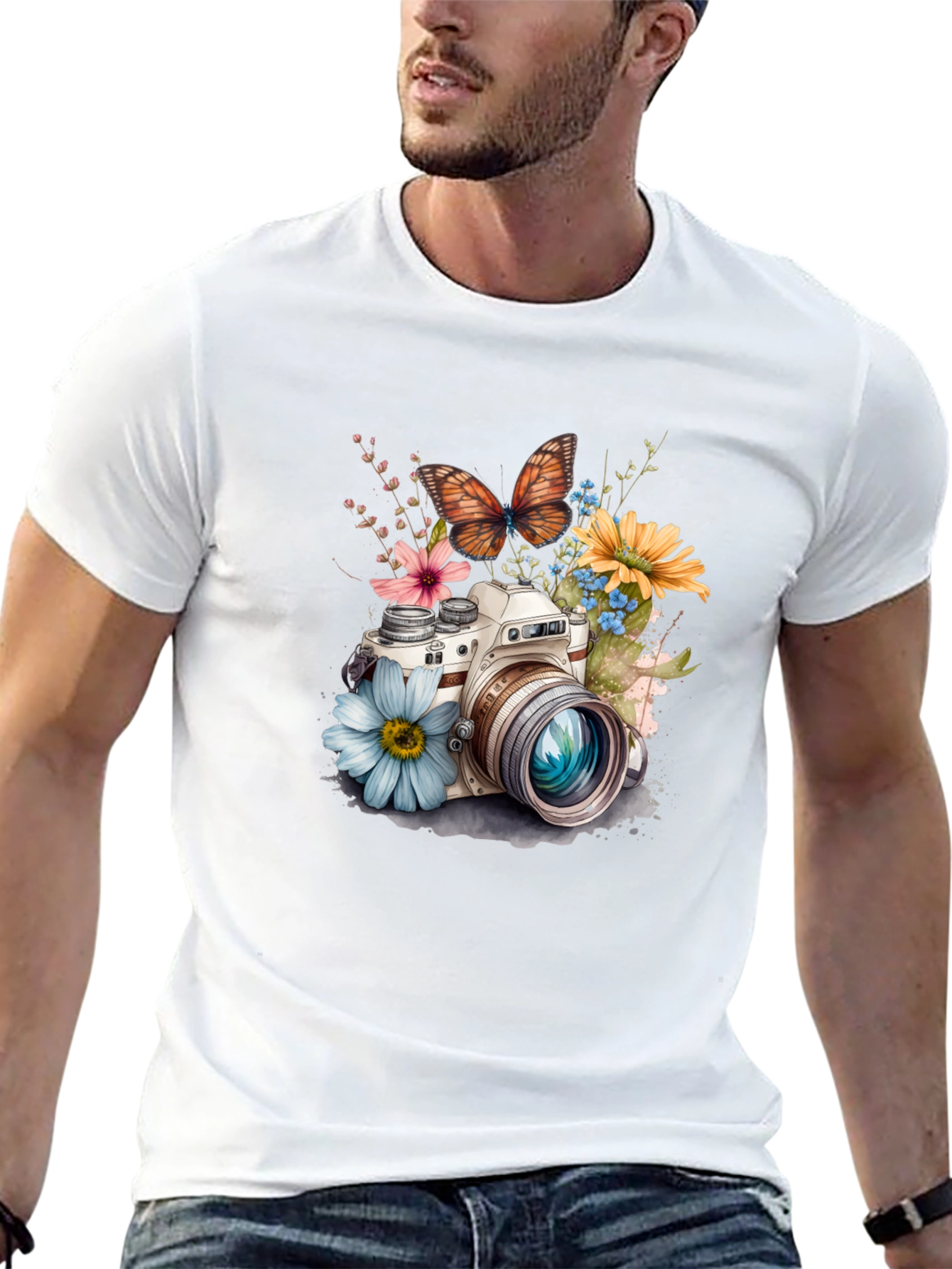 Floral Camera Graphic Tee - Stylish Black T-Shirt