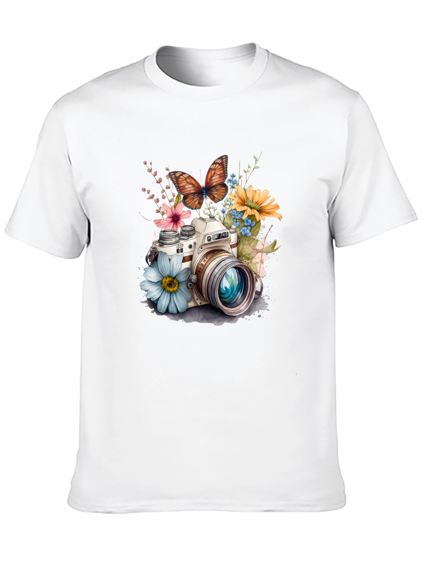 Floral Camera Graphic Tee - Stylish Black T-Shirt