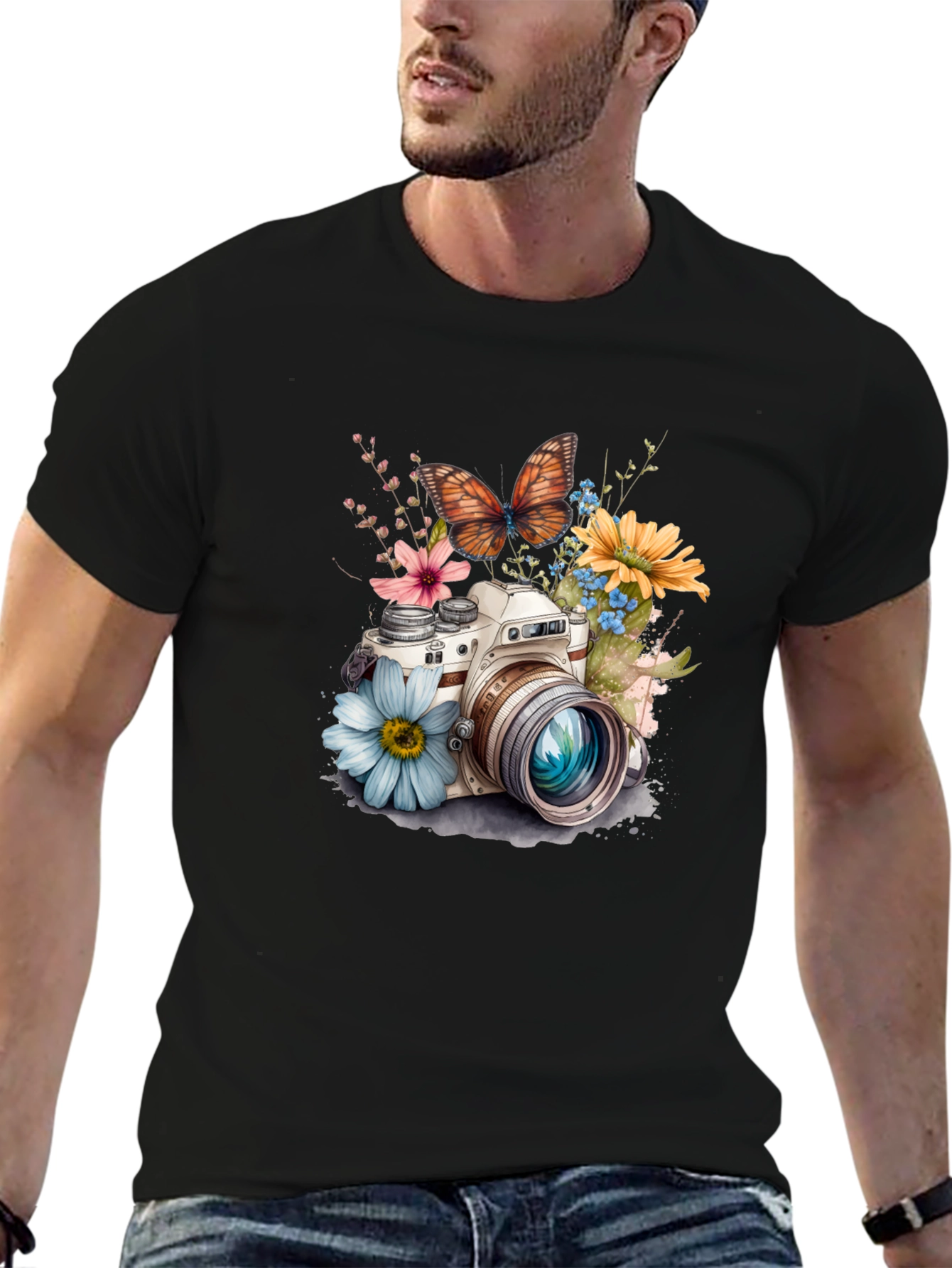 Floral Camera Graphic Tee - Stylish Black T-Shirt