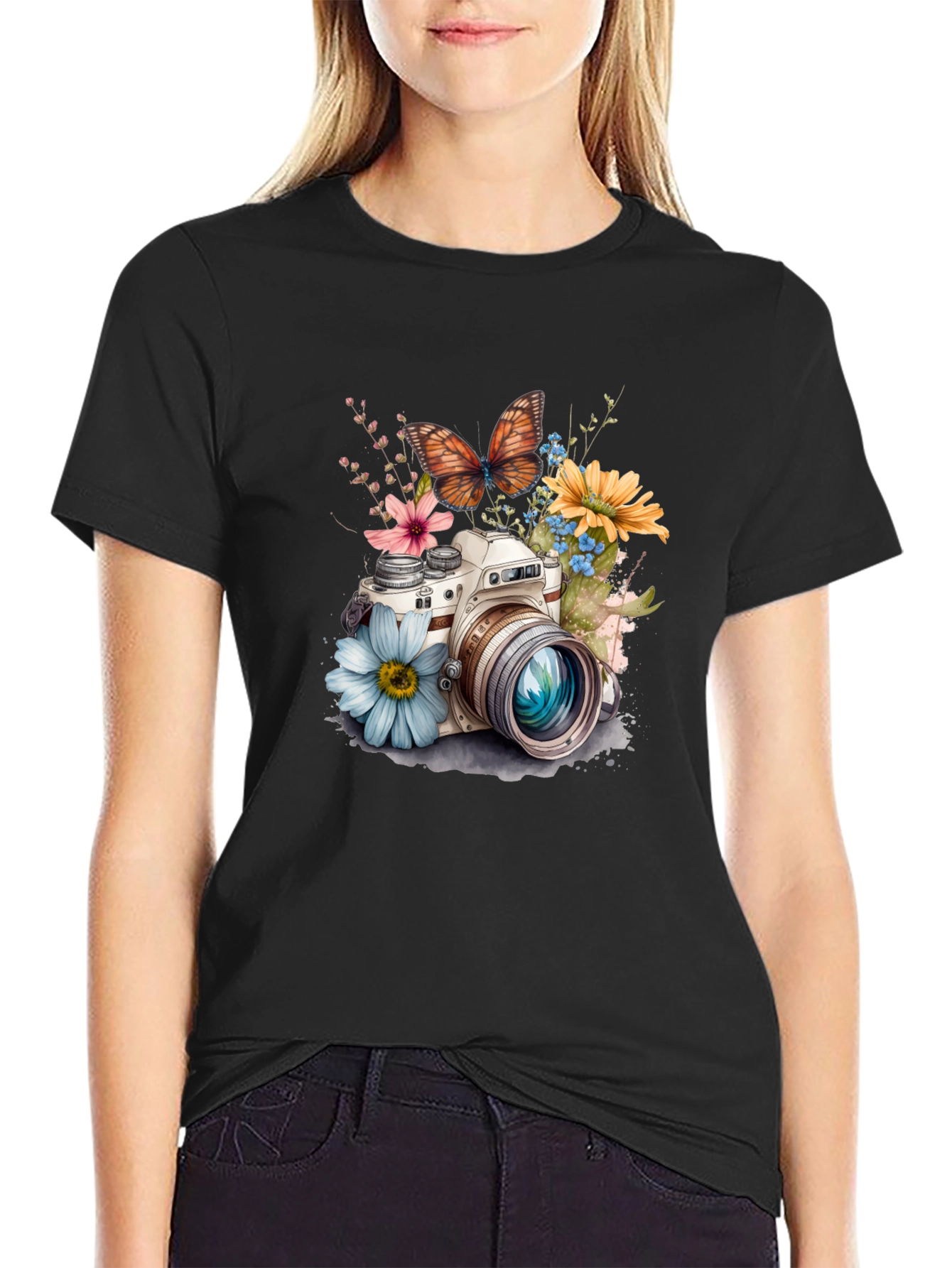 Floral Camera Graphic Tee - Stylish Black T-Shirt