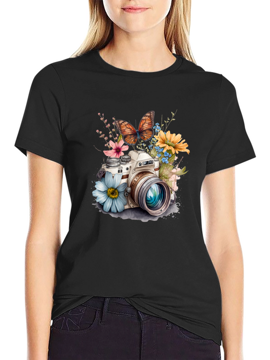Floral Camera Graphic Tee - Stylish Black T-Shirt
