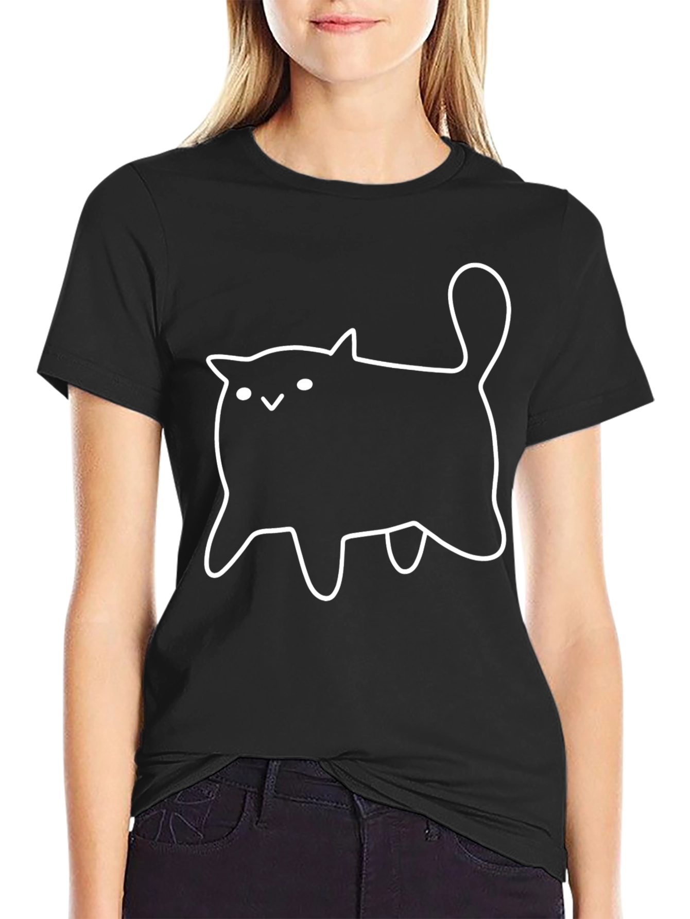 Cute Cartoon Cat Black T-Shirt
