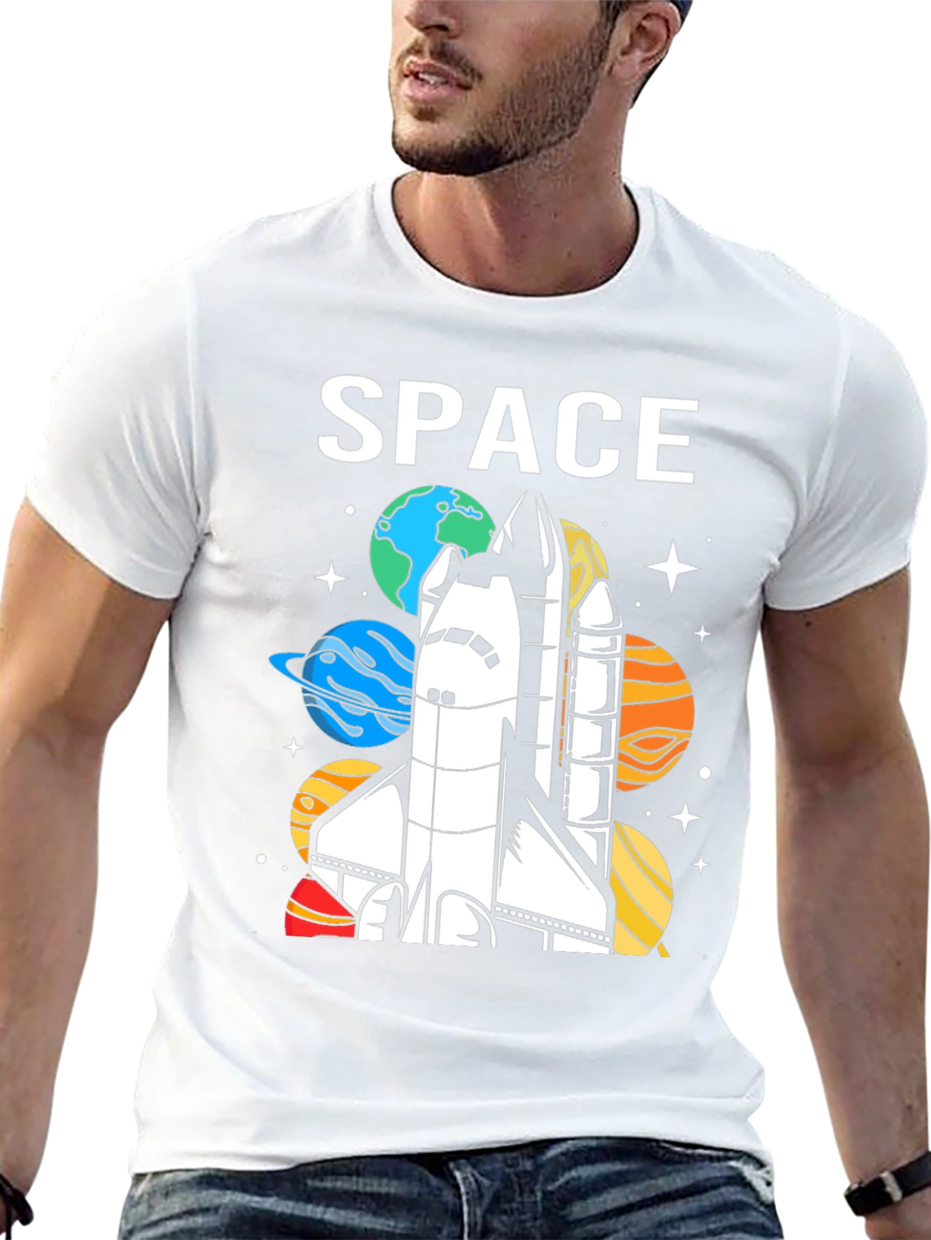 Space Shuttle Planets Graphic Print Black T-Shirt
